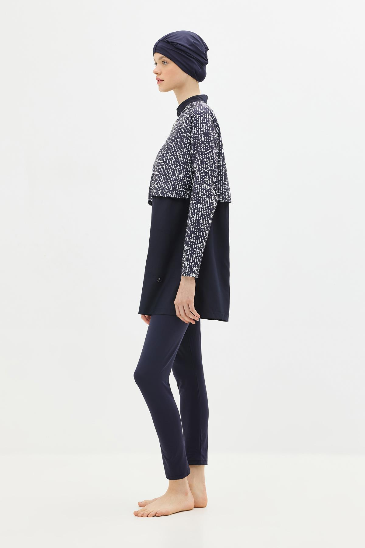 Tam Kapalı 4 lü Tesettür Mayo 4111 Lacivert/Beyaz