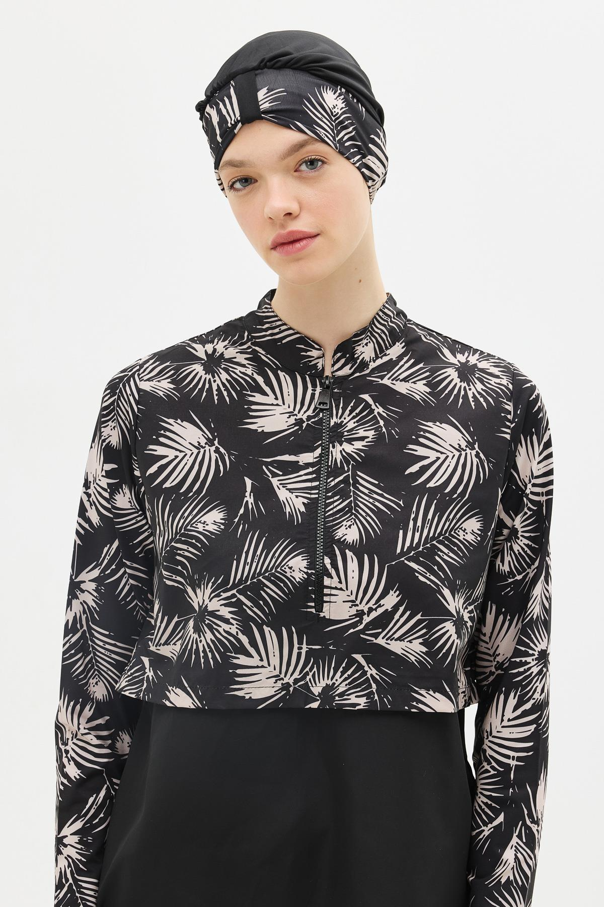 Tam Kapalı 4 lü Tesettür Mayo 4111 Siyah/Çiçekli