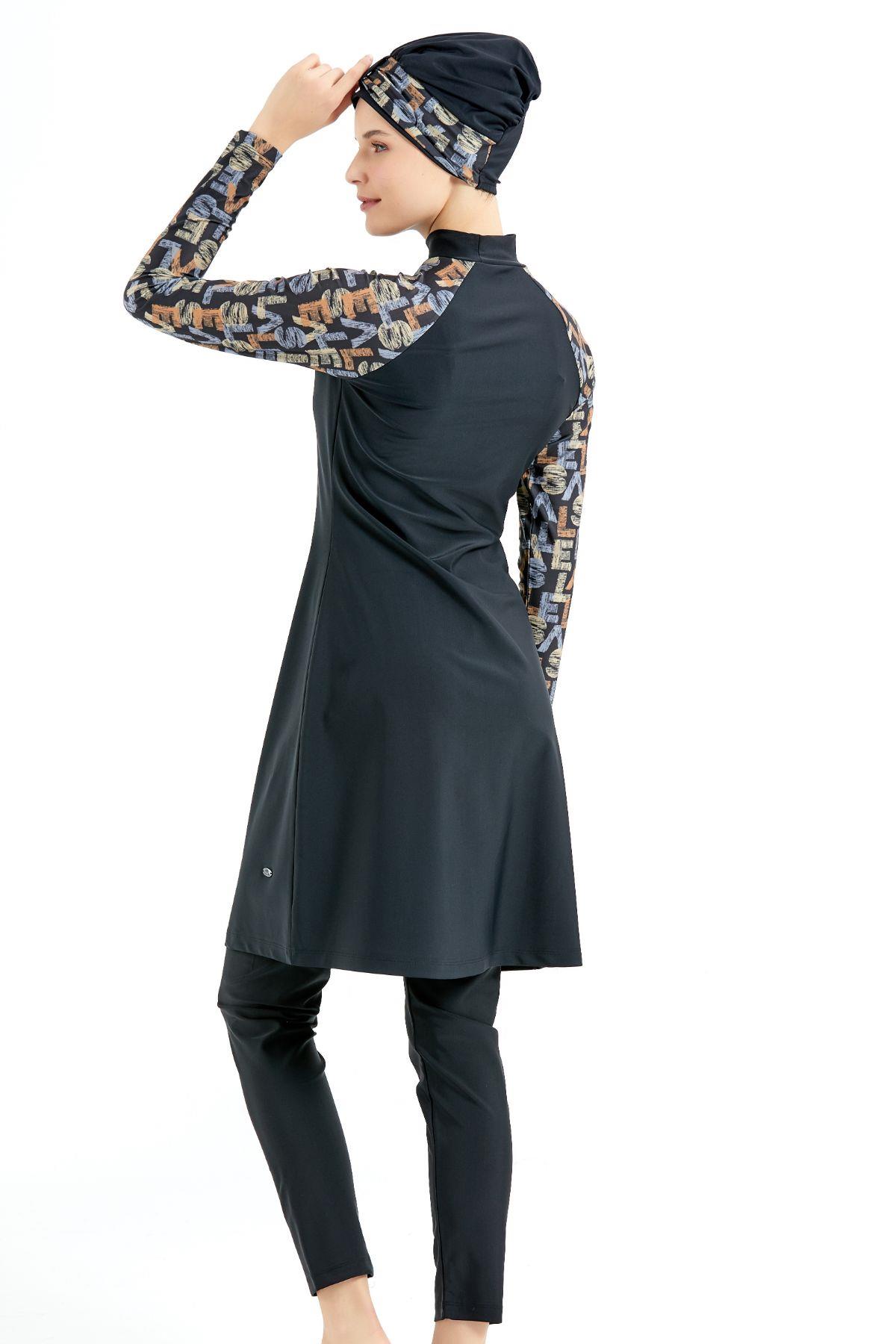 Tam Kapalı 4 lü Tesettür Mayo C14020 Siyah/Kahverengi