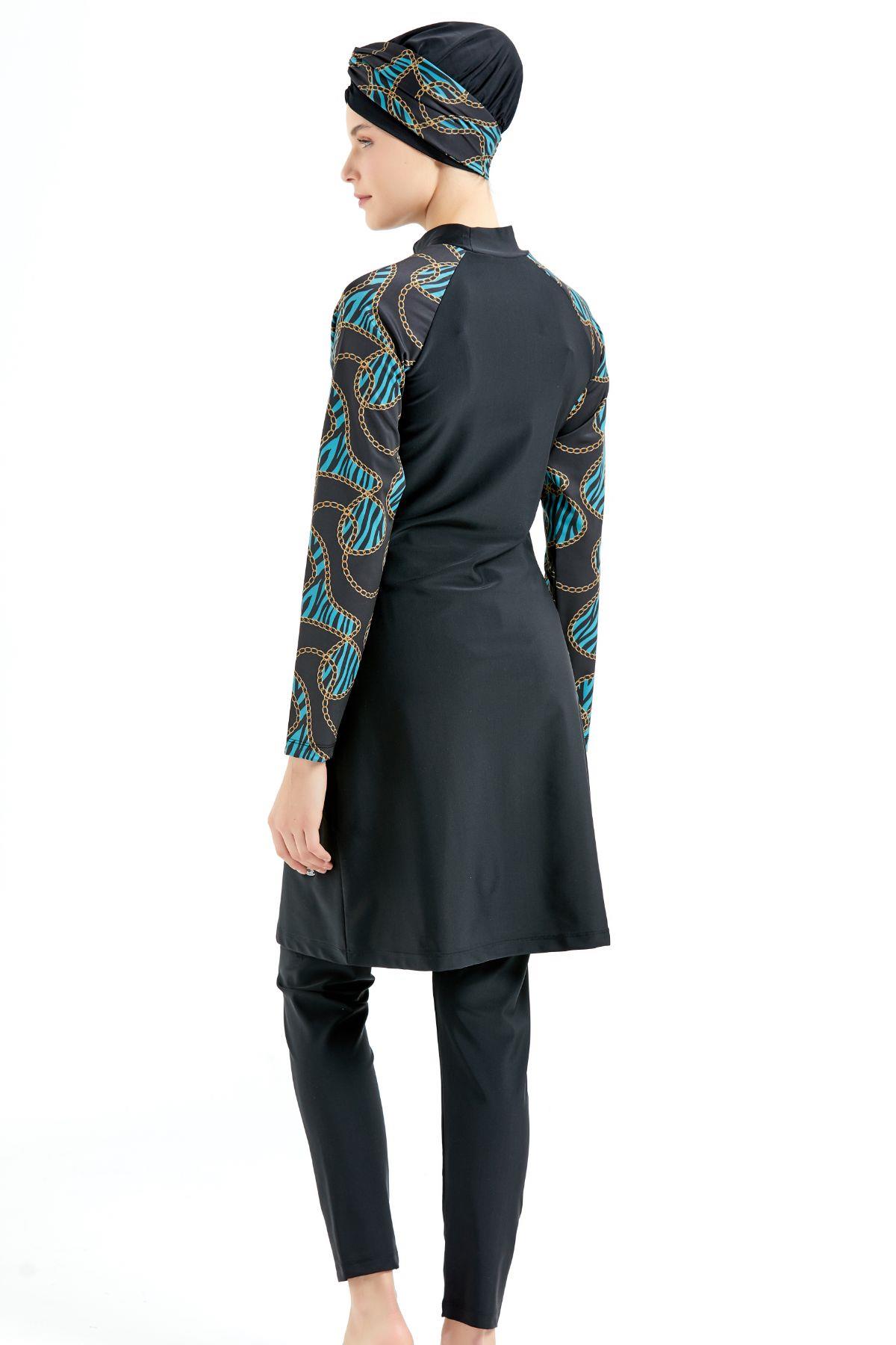 Tam Kapalı 4 lü Tesettür Mayo C14020 Siyah/Turkuaz