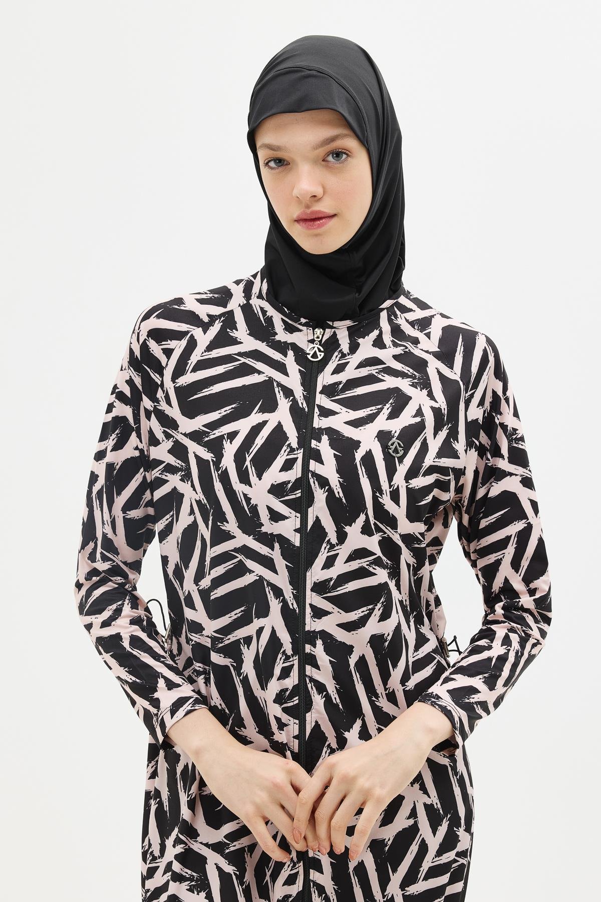 Tam Kapalı 5 li Tesettür Mayo 4152 Siyah/Pudra