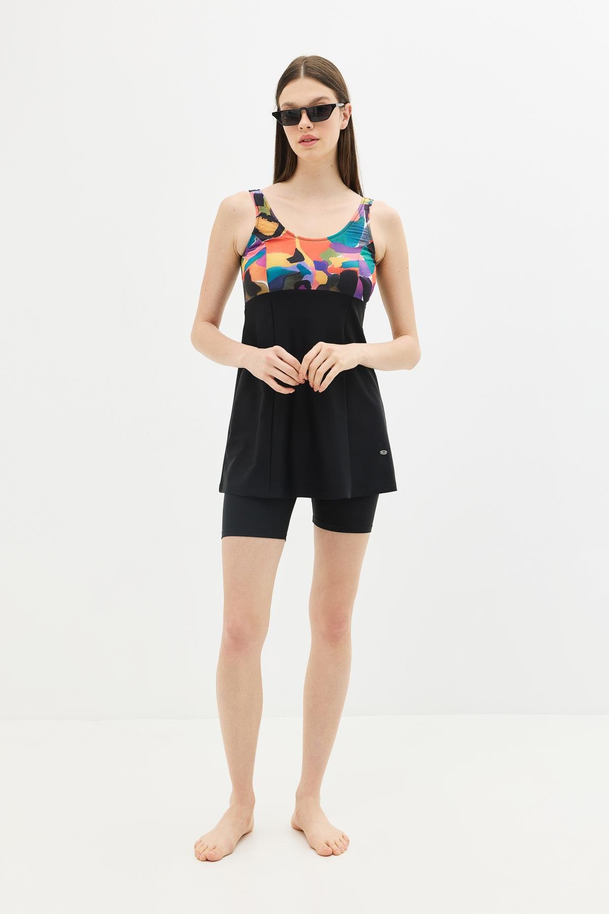 Taytlı Elbise Mayo C14380 Siyah/Çok Renkli