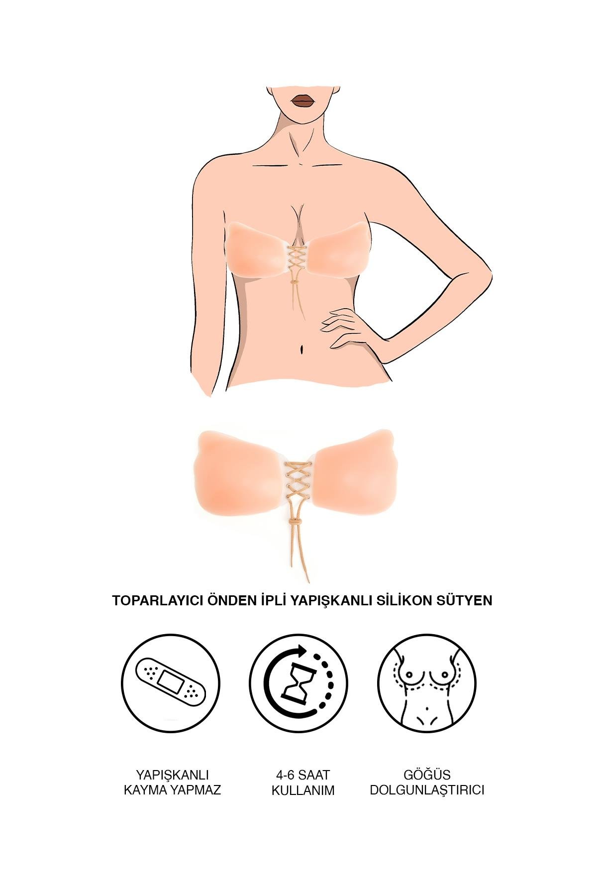 Toparlayıcı Önden İpli Yapışkanlı Silikon Sütyen 7233 Ten