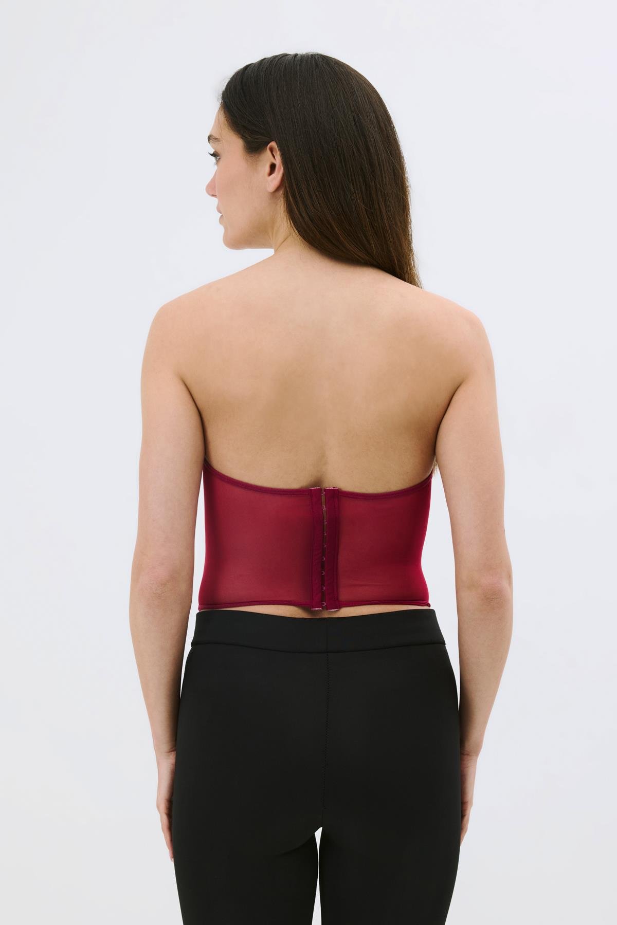 Transparan Fantezi Dantelli Straplez Bustiyer 6003 Vişne