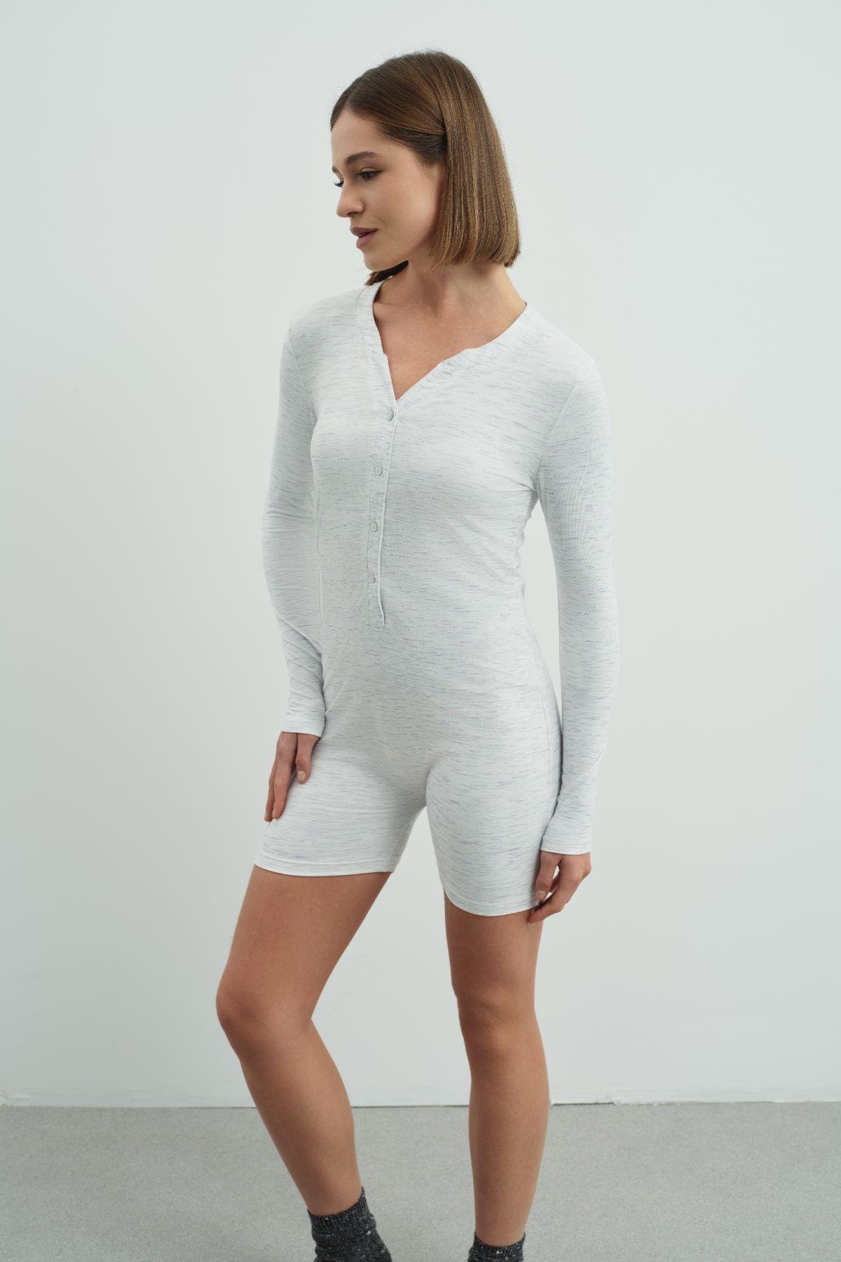 Uzun Kollu Soft Düğmeli Kısa Tulum Romper Gri