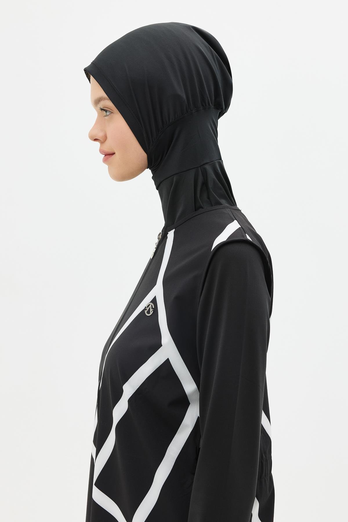 Uzun Tunikli 4'lü Tesettür Mayo 6049 Siyah/Beyaz