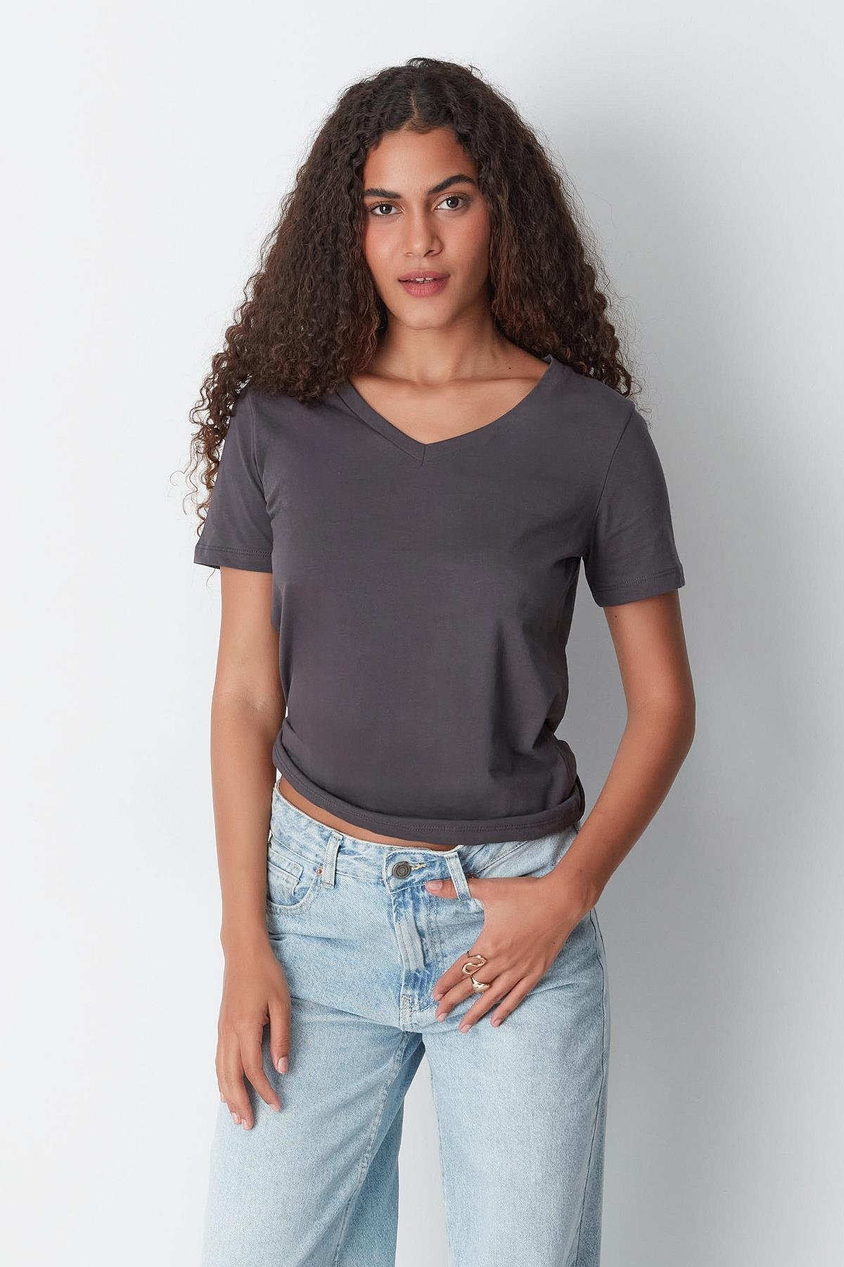 V Yaka Kısa Kol 2'li Basic T-Shirt 962 Füme/Bordo