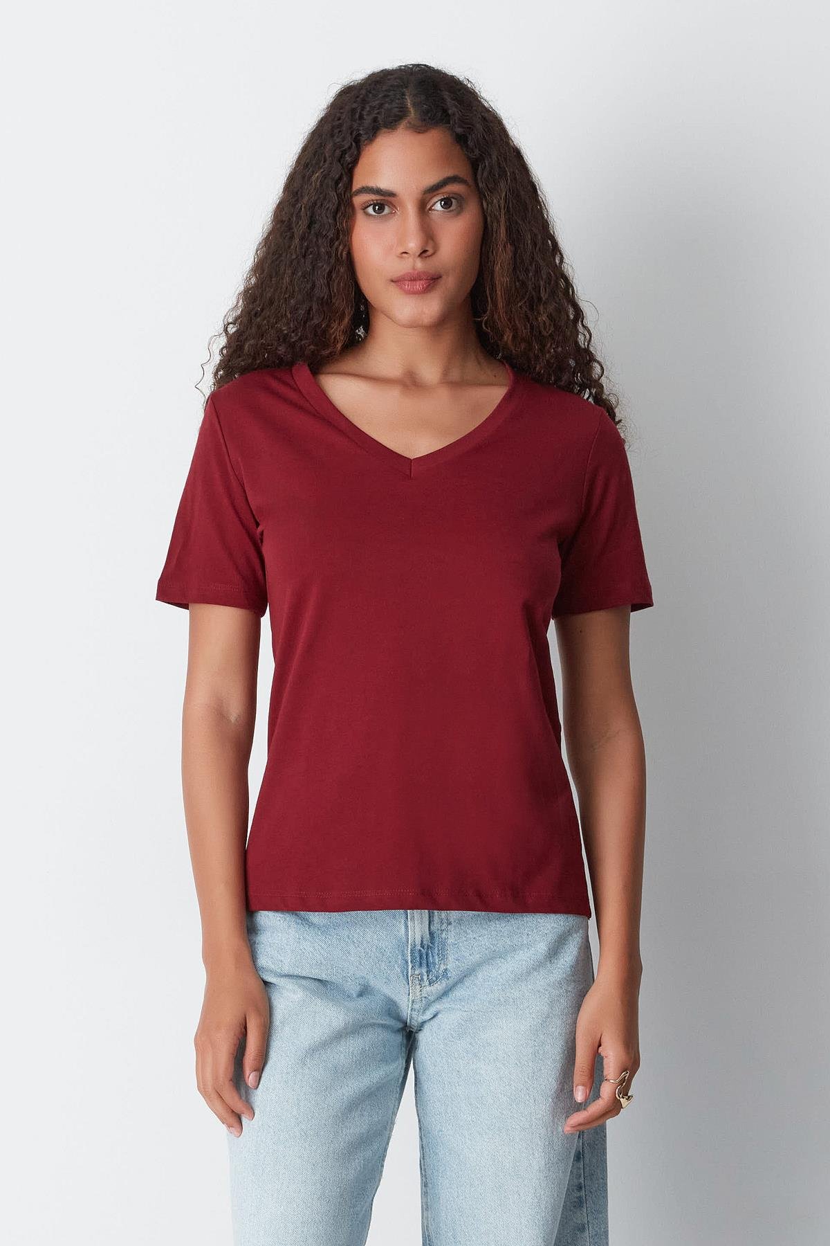 V Yaka Kısa Kol 2'li Basic T-Shirt 962 Füme/Bordo