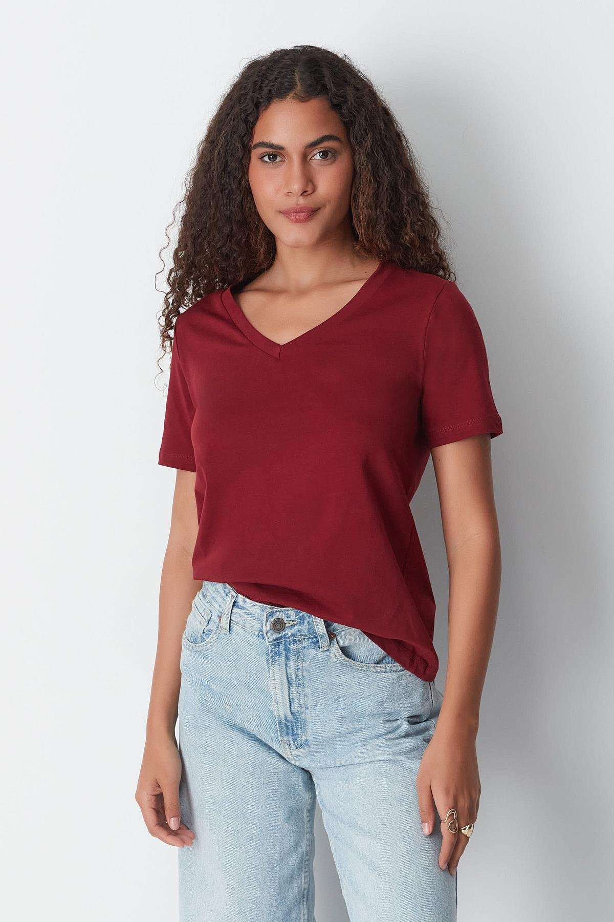 V Yaka Kısa Kol 2'li Basic T-Shirt 962 Füme/Bordo