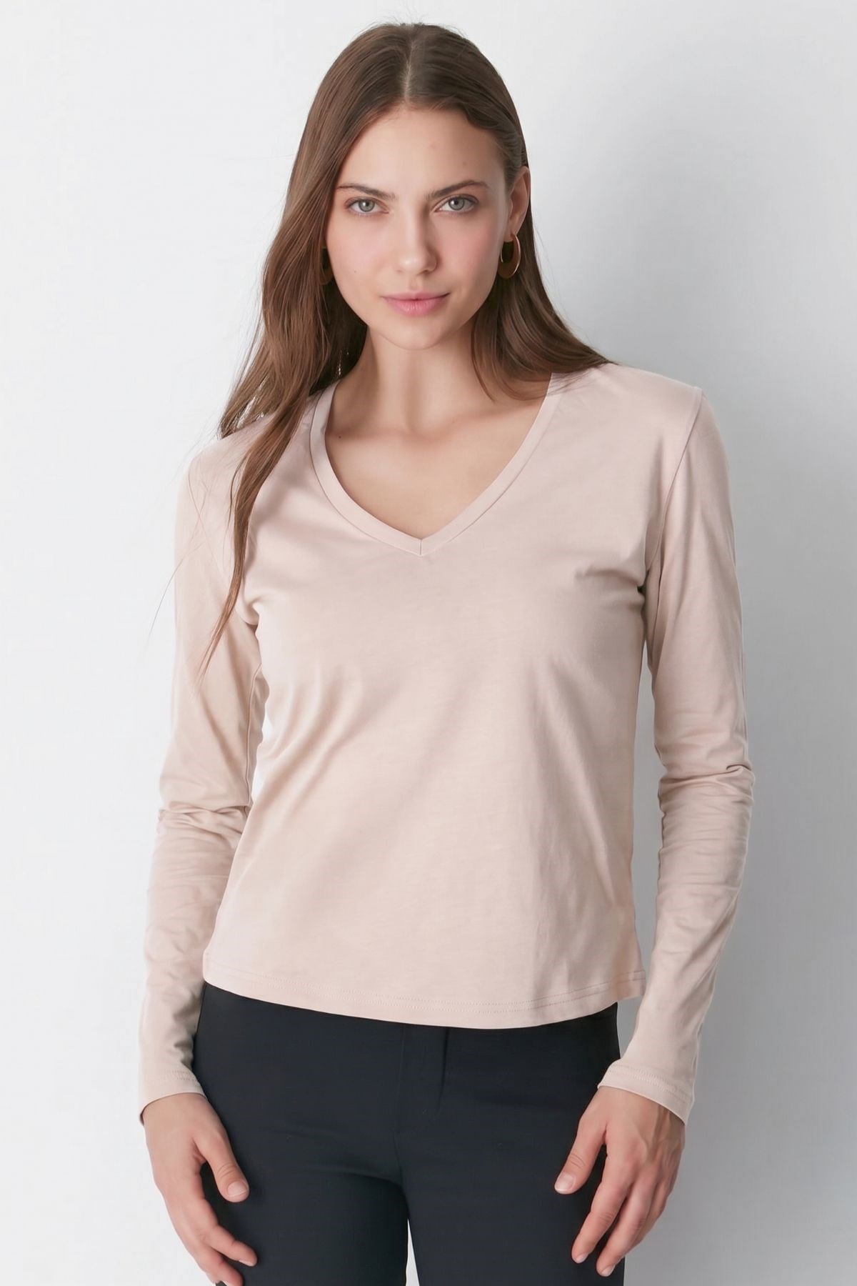 V Yaka Uzun Kol 2'li Basic T-Shirt 954 Haki/Bej