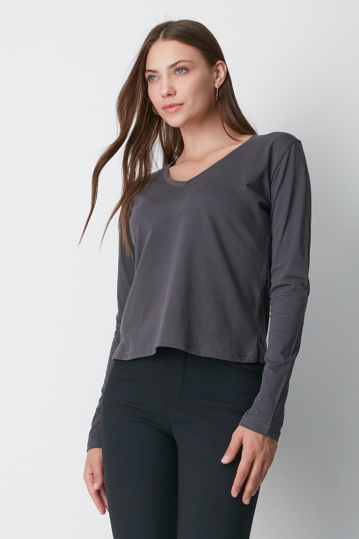 V Yaka Uzun Kol 2'li Basic T-Shirt 954 Füme/Kahverengi