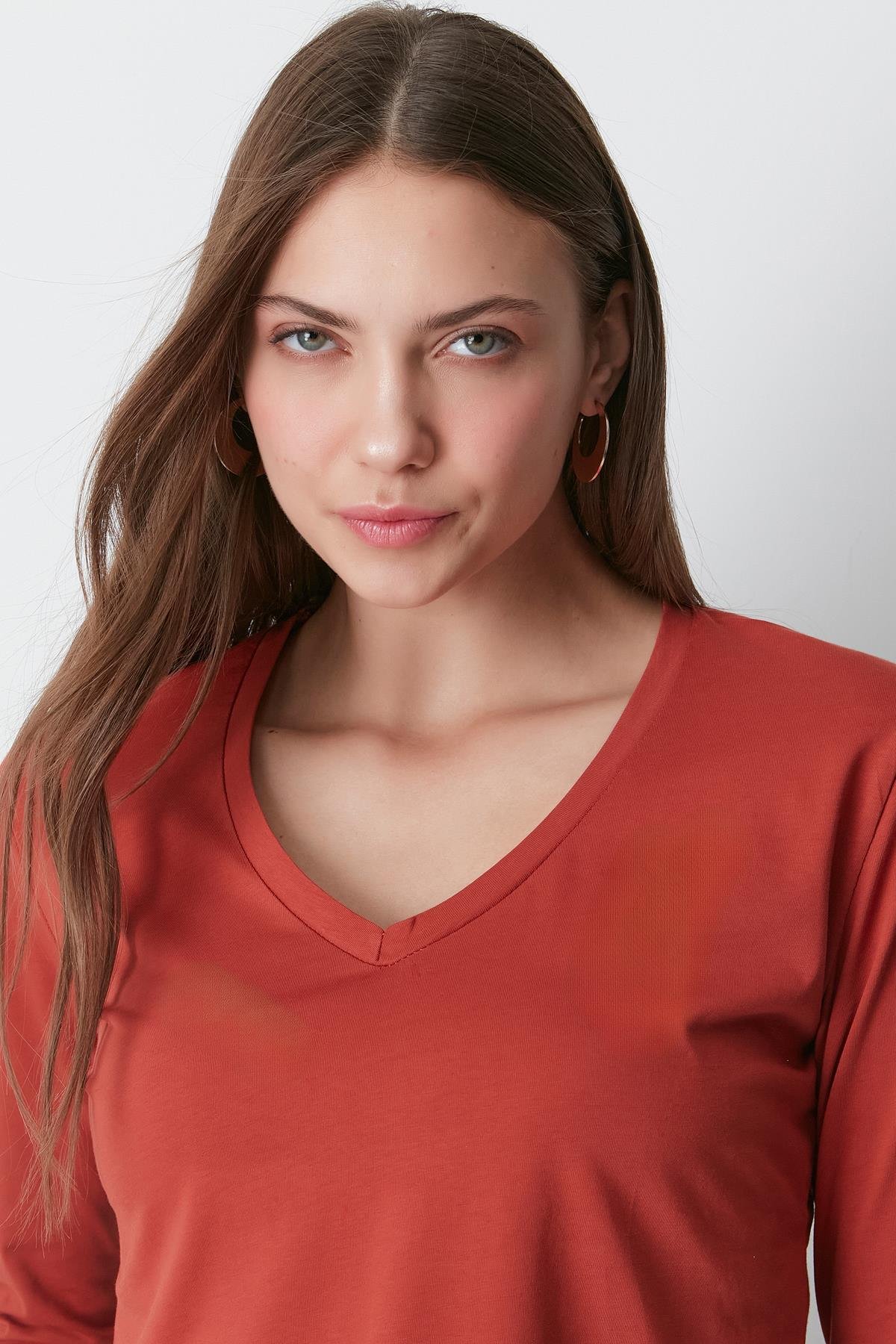 V Yaka Uzun Kol 2'li Basic T-Shirt 954 Haki/Kiremit