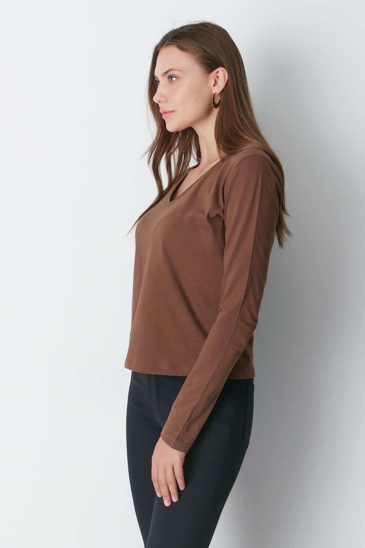 V Yaka Uzun Kol 2'li Basic T-Shirt 954 Füme/Kahverengi