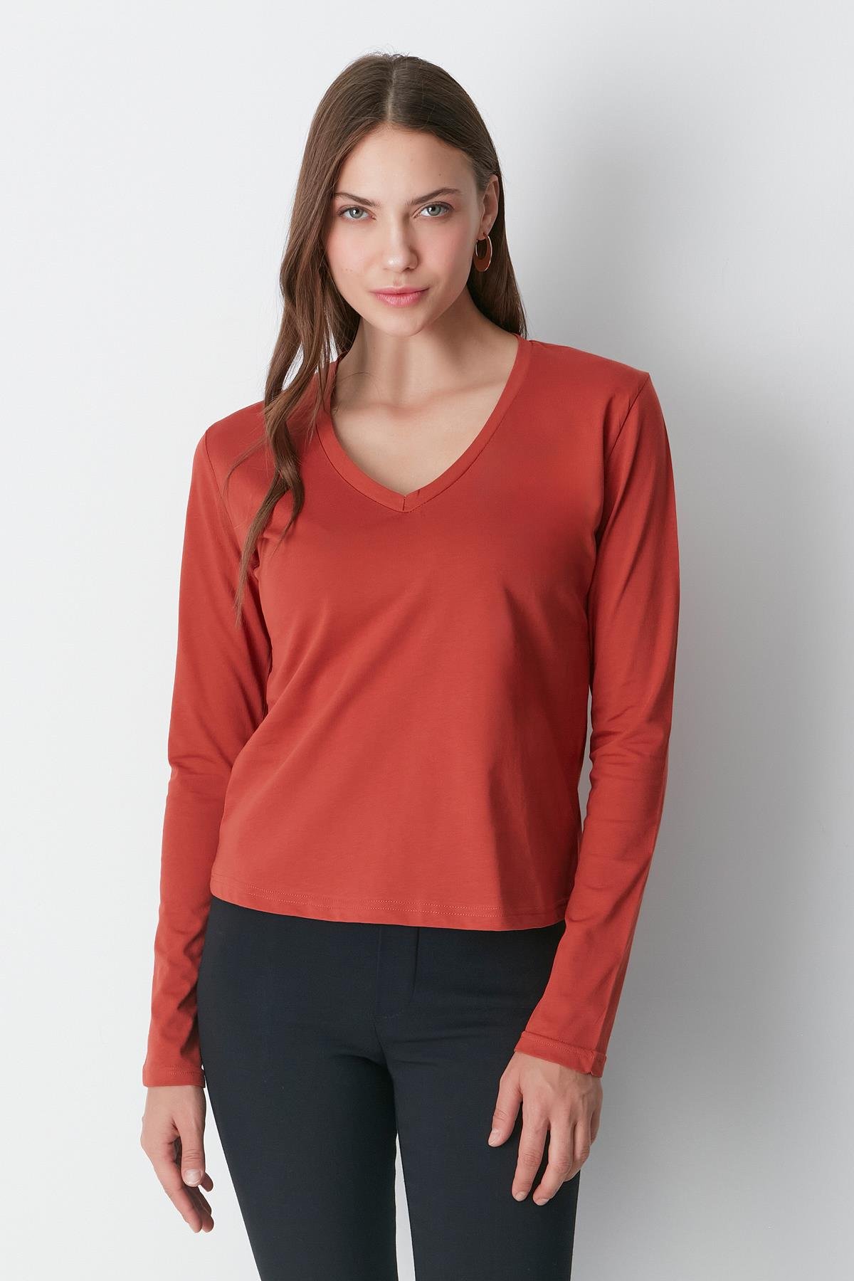 V Yaka Uzun Kol 2'li Basic T-Shirt 954 Haki/Kiremit