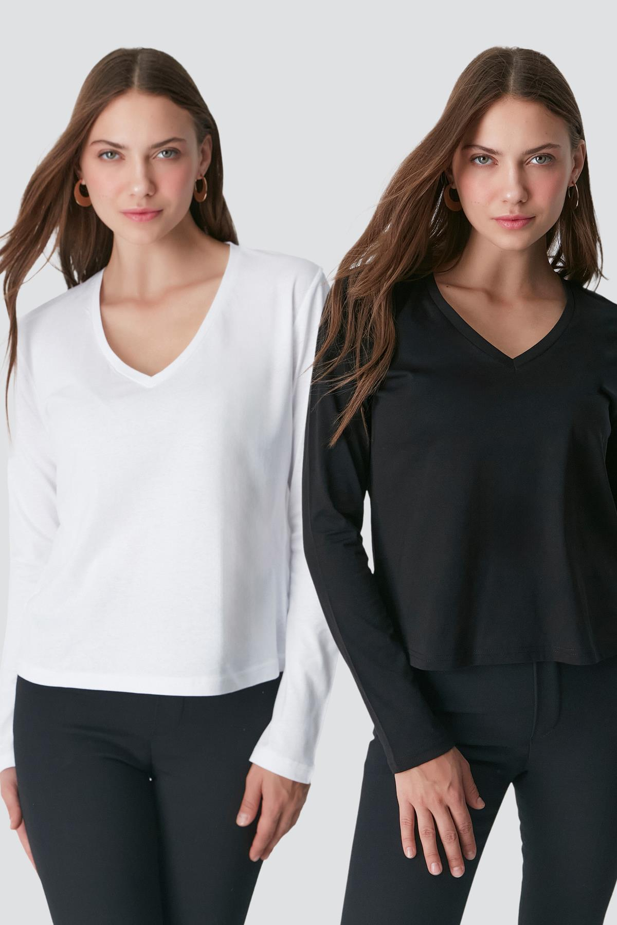 V Yaka Uzun Kol 2'li Basic T-Shirt 954 Siyah/Beyaz