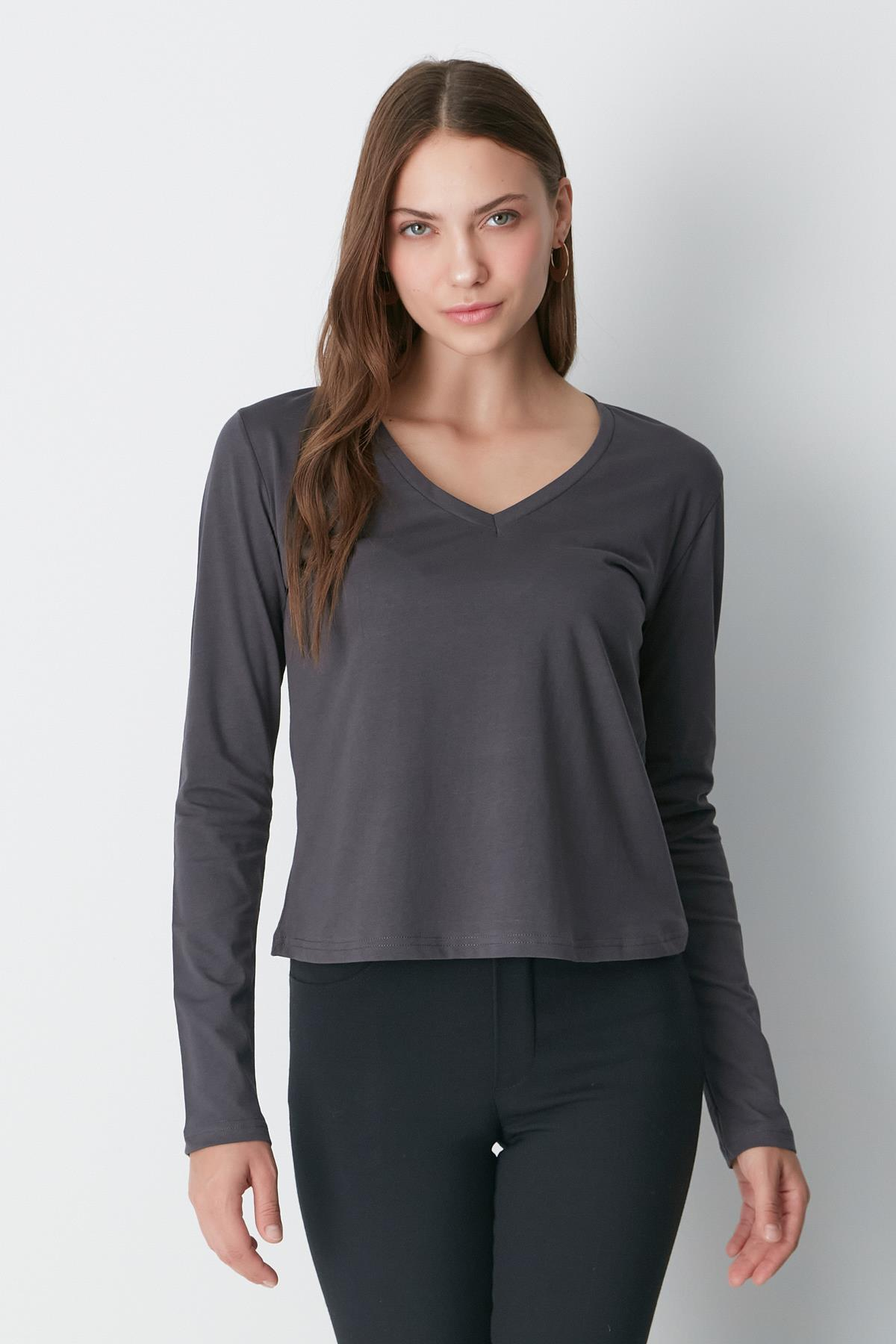 V Yaka Uzun Kol 2'li Basic T-Shirt 954 Füme/Kahverengi