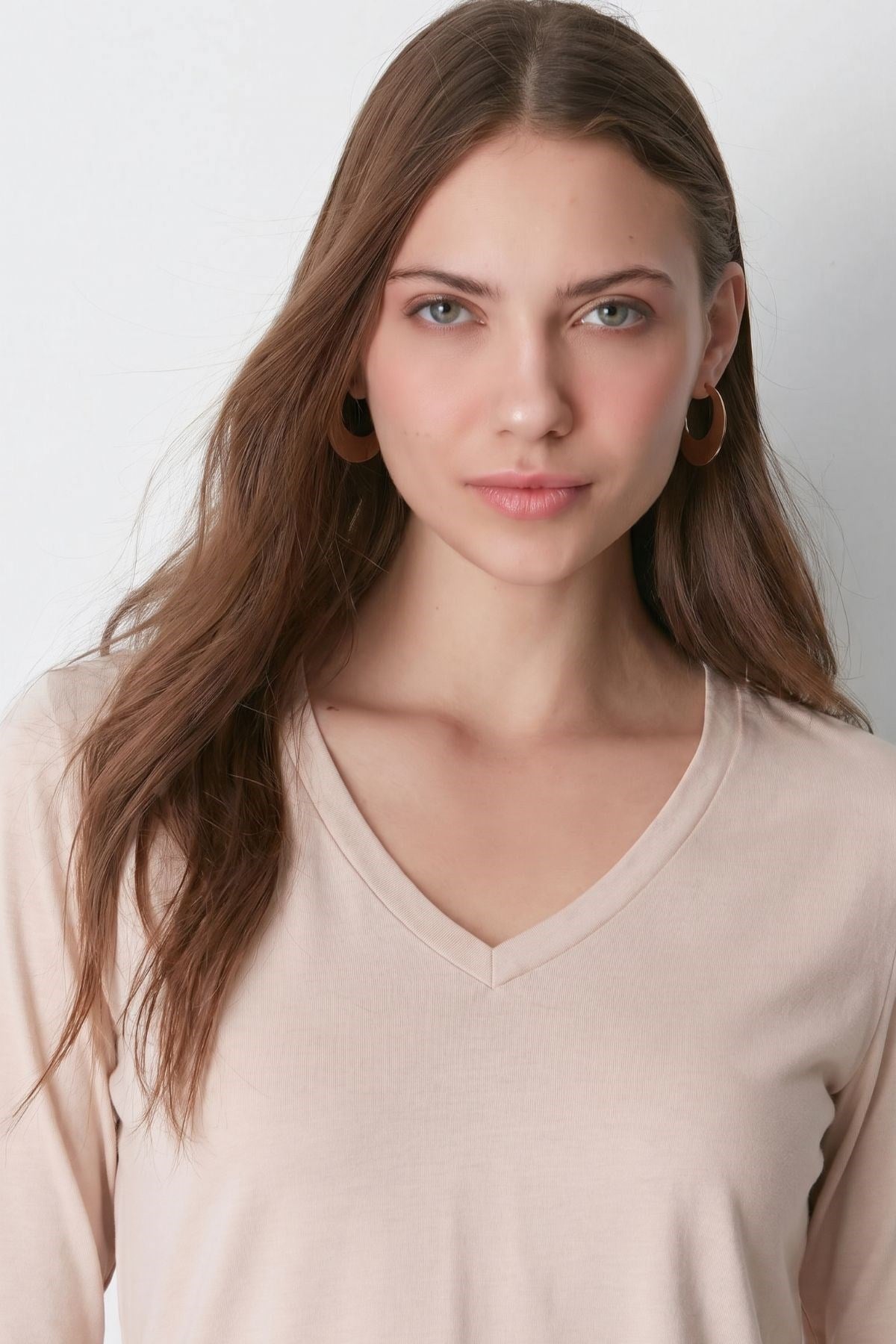 V Yaka Uzun Kol 2'li Basic T-Shirt 954 Haki/Bej