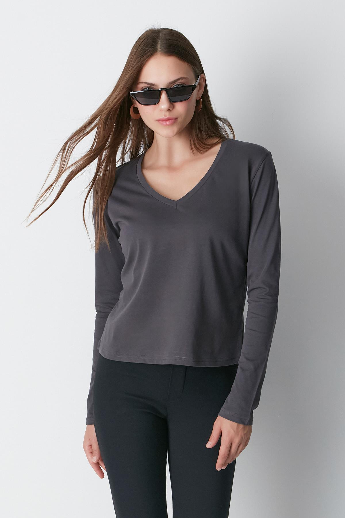 V Yaka Uzun Kol 2'li Basic T-Shirt 954 Füme/Kahverengi