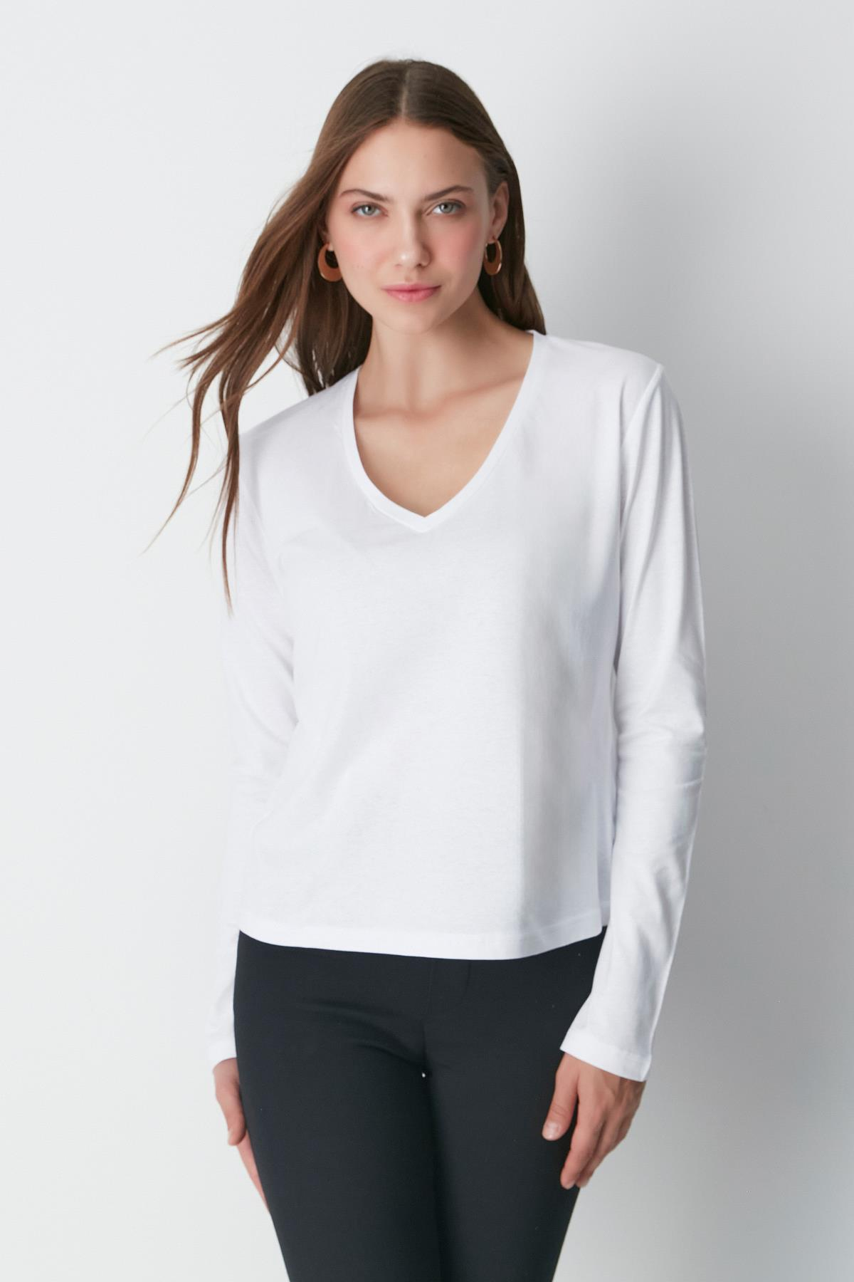 V Yaka Uzun Kol 2'li Basic T-Shirt 954 Siyah/Beyaz