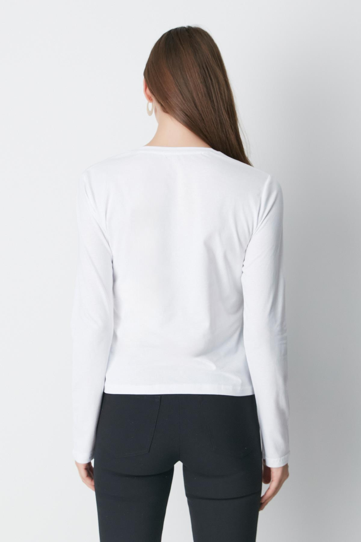 V Yaka Uzun Kol 2'li Basic T-Shirt 954 Siyah/Beyaz