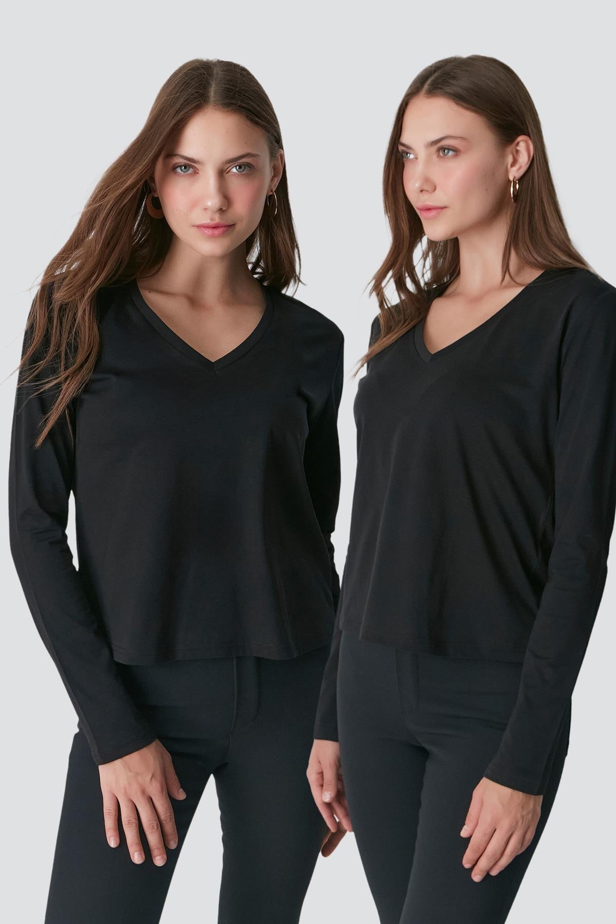 V Yaka Uzun Kol 2'li Basic T-Shirt 954 Siyah