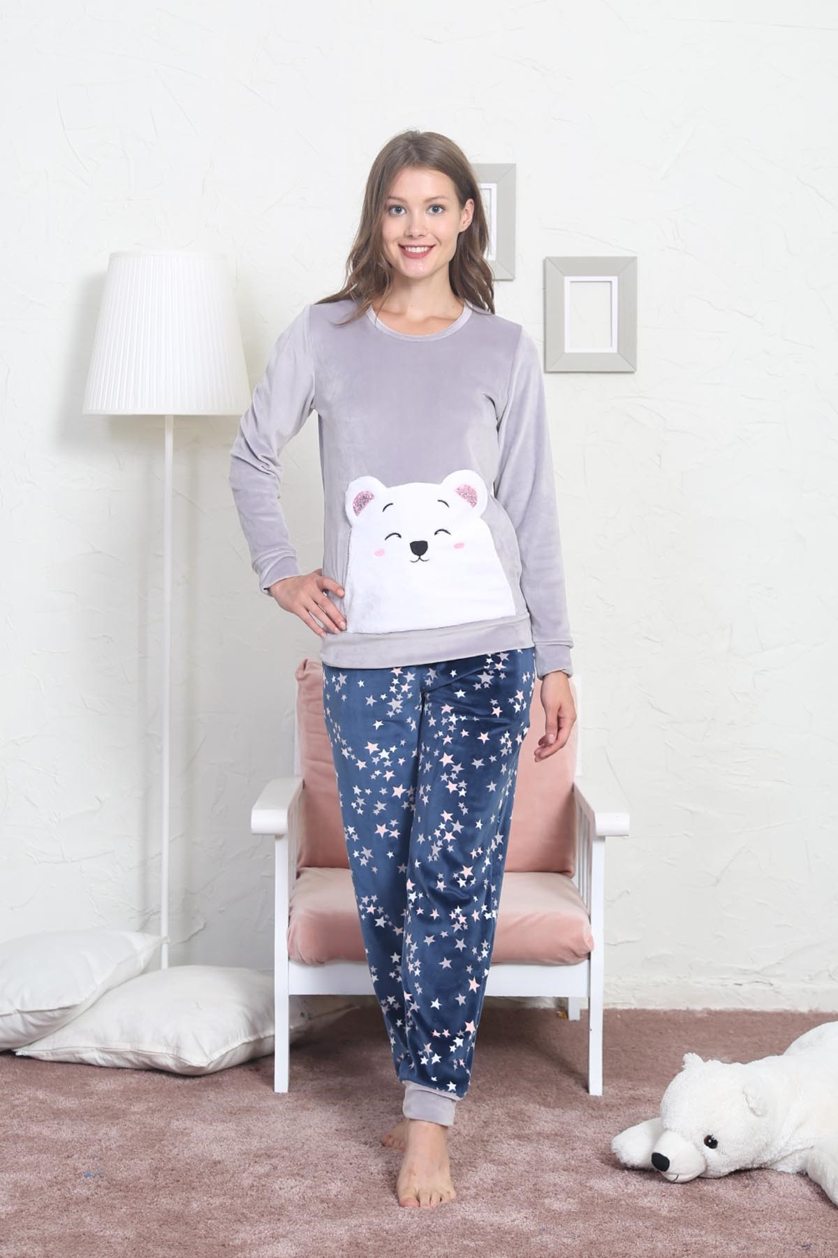 Vienetta Kadın Kadife Pijama Takım 8060584008 Gri