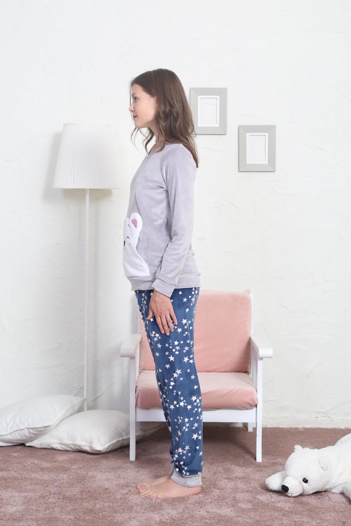 Vienetta Kadın Kadife Pijama Takım 8060584008 Gri