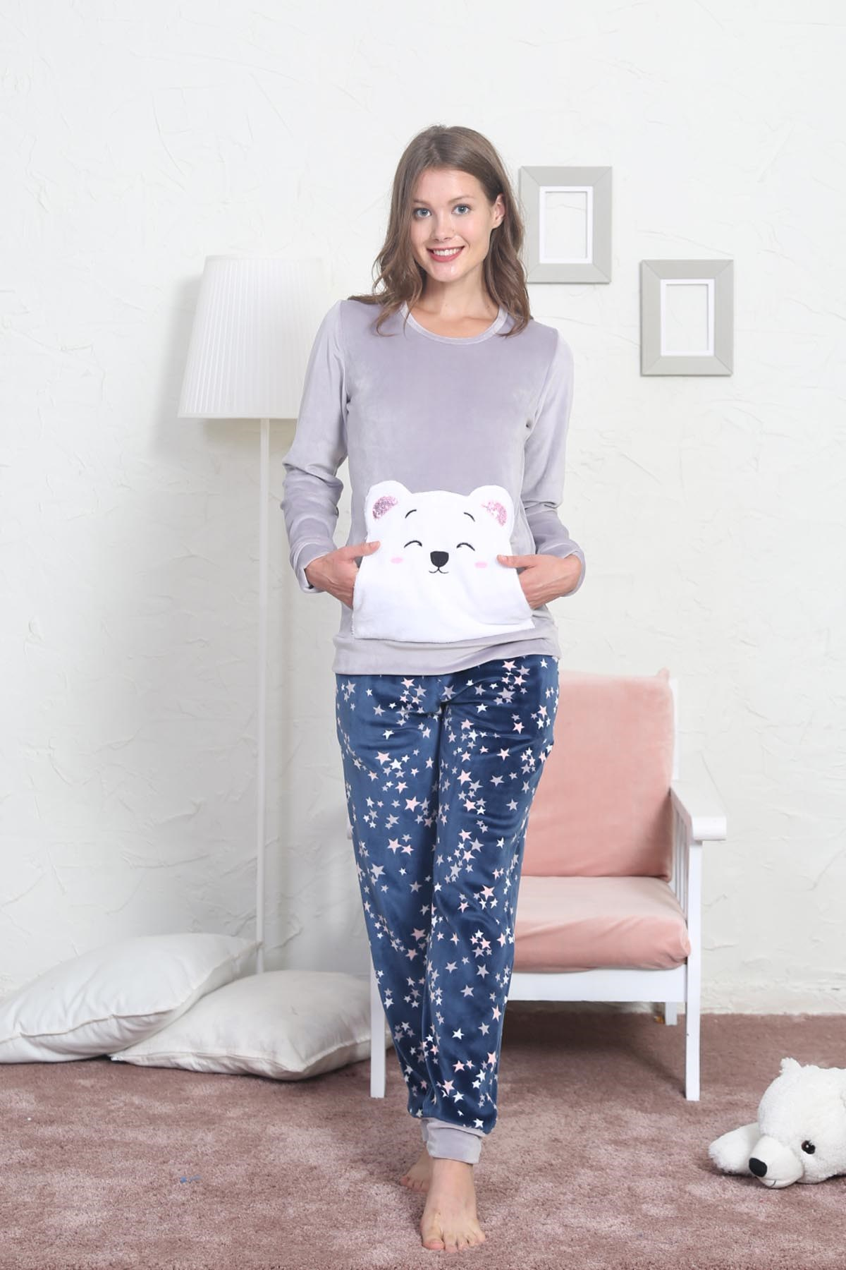 Vienetta Kadın Kadife Pijama Takım 8060584008 Gri