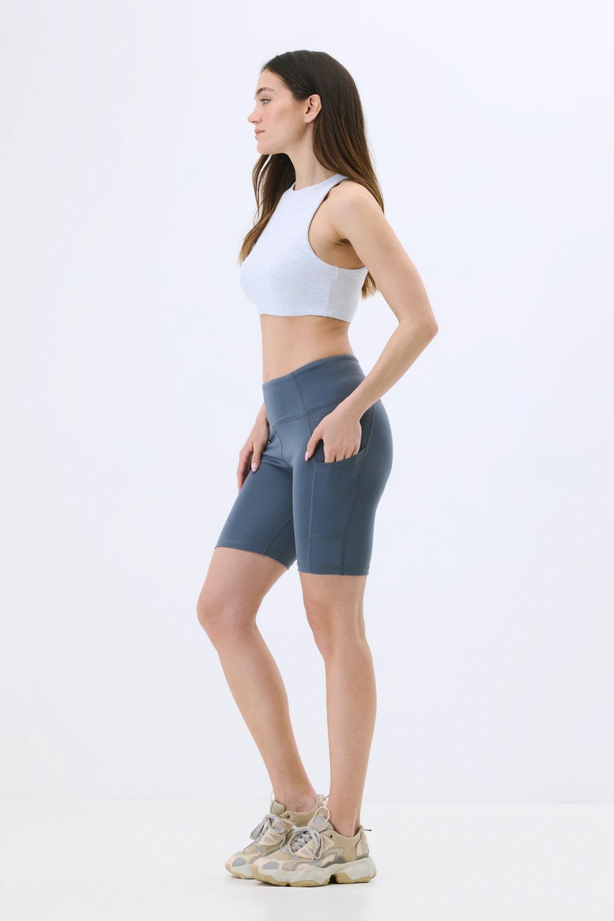 Yüksek Bel Çift Cepli Kısa Tayt 9417 Füme