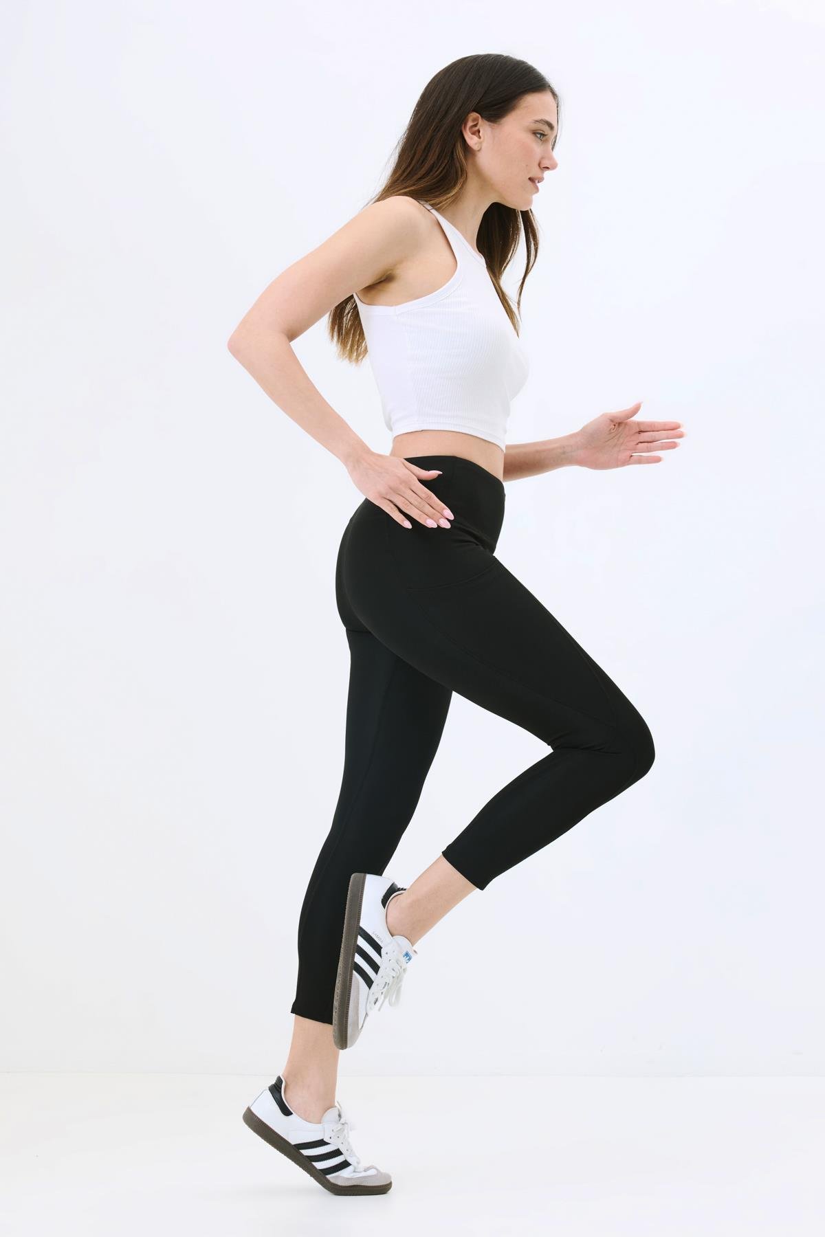 Yüksek Bel Çift Cepli Toparlayıcı Spor Tayt 9416 Siyah