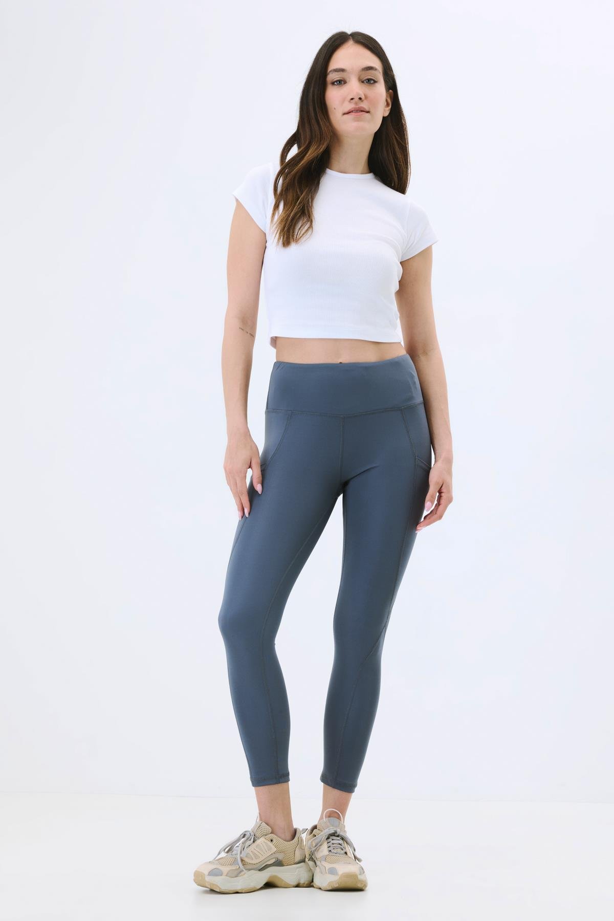 Yüksek Bel Çift Cepli Toparlayıcı Spor Tayt 9416 Füme