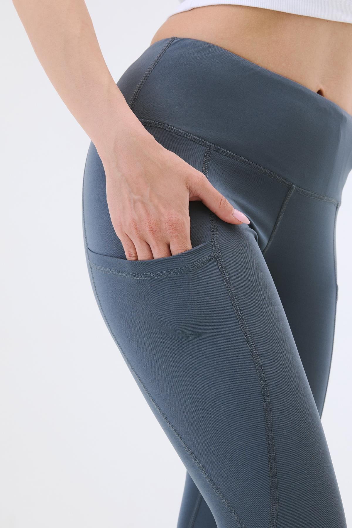 Yüksek Bel Çift Cepli Toparlayıcı Spor Tayt 9416 Füme