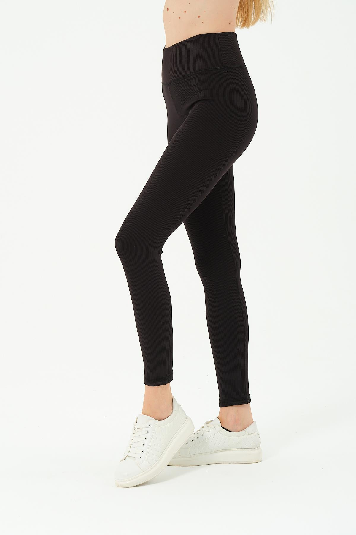 Yüksek bel İçi Şardonlu Fitilli Esnek Örme Tayt C17009 Siyah