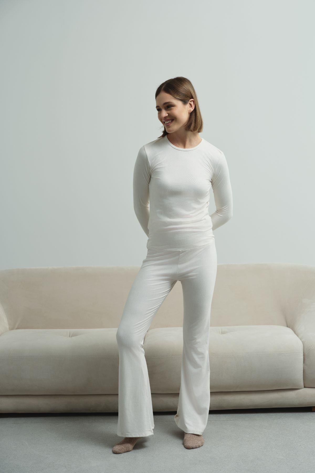 Yüksek Bel Soft İspanyol Paça Pantolon Bej