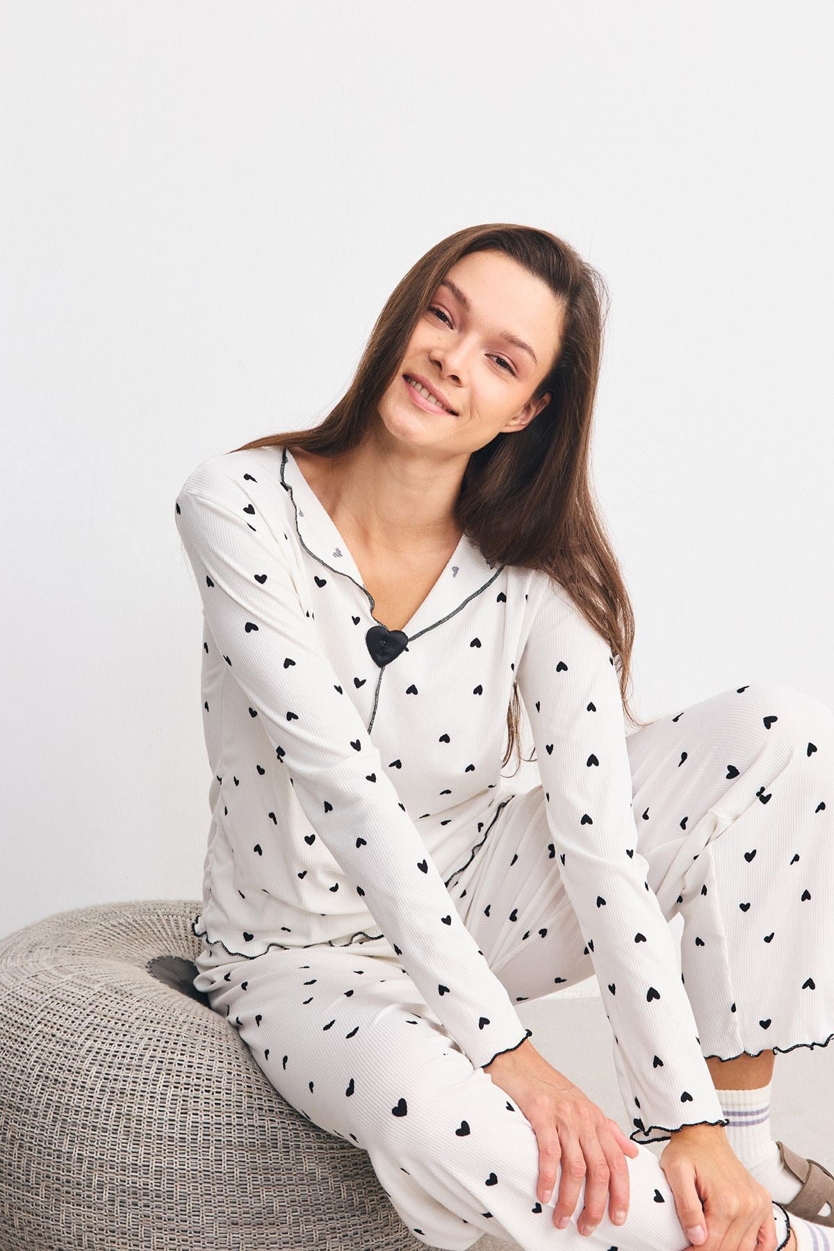 Yumuşak Dokulu Kaşkorse Pijama Takımı Kalp