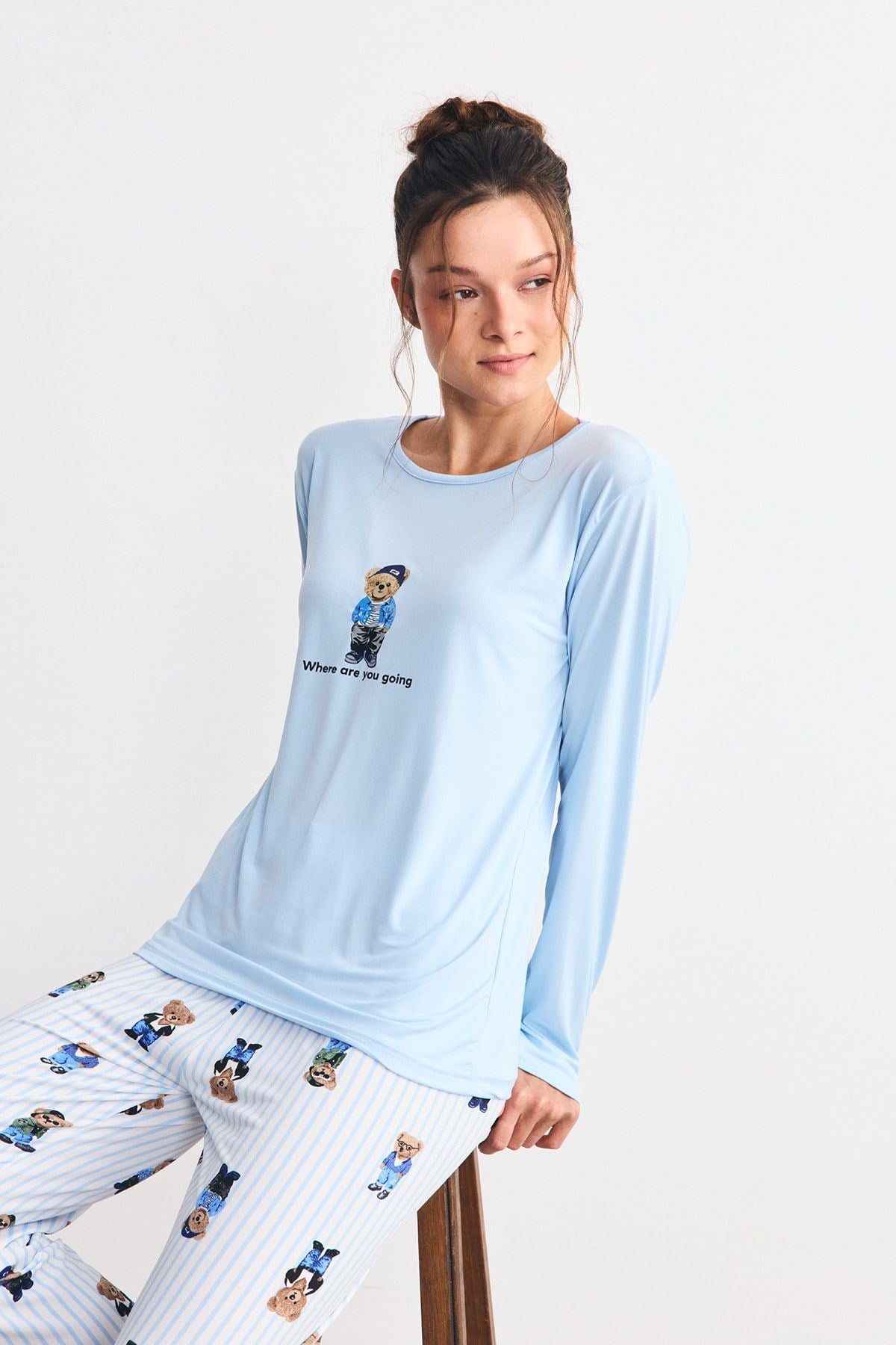 Yumuşak Dökümlü Kumaş Pijama Takımı Ayıcık
