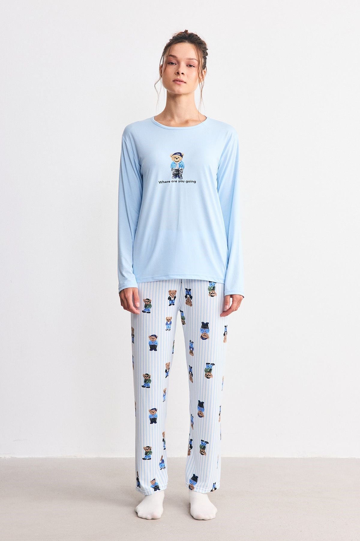 Yumuşak Dökümlü Kumaş Pijama Takımı Ayıcık
