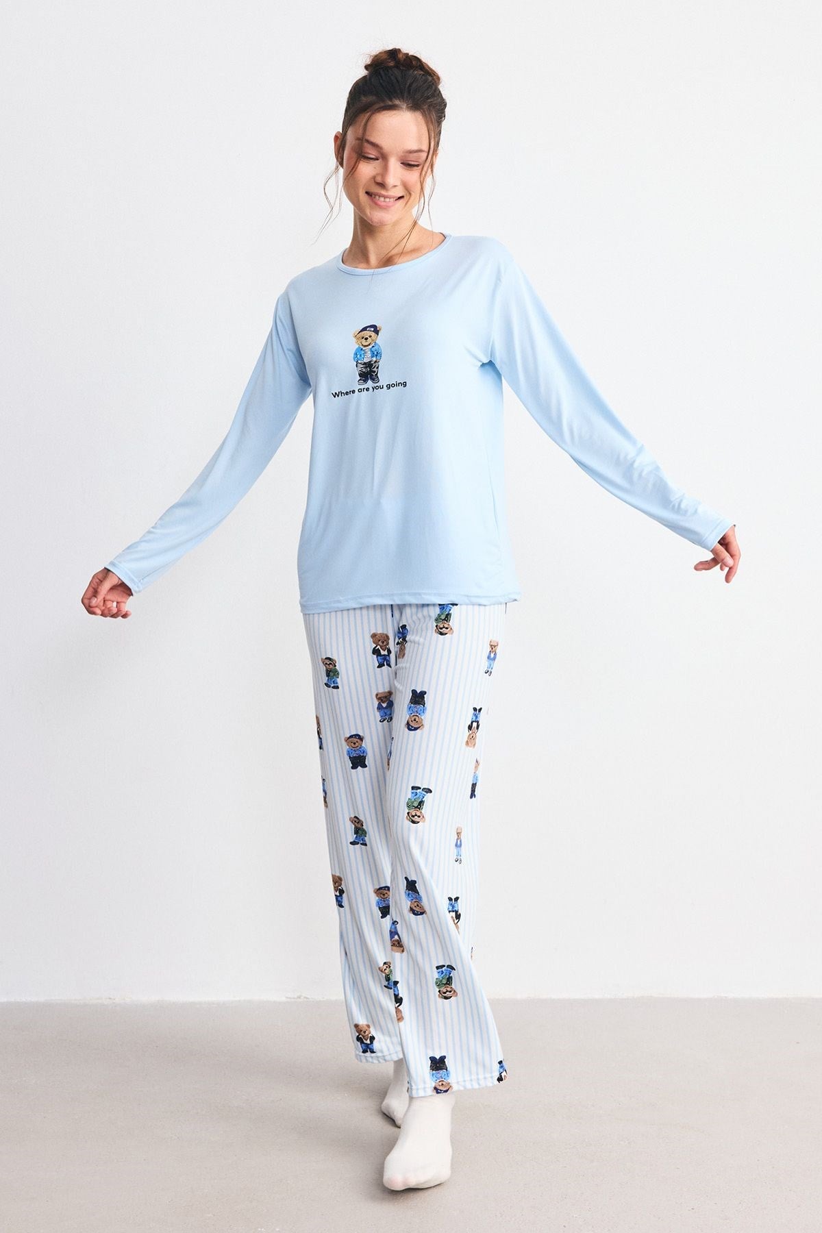 Yumuşak Dökümlü Kumaş Pijama Takımı Ayıcık