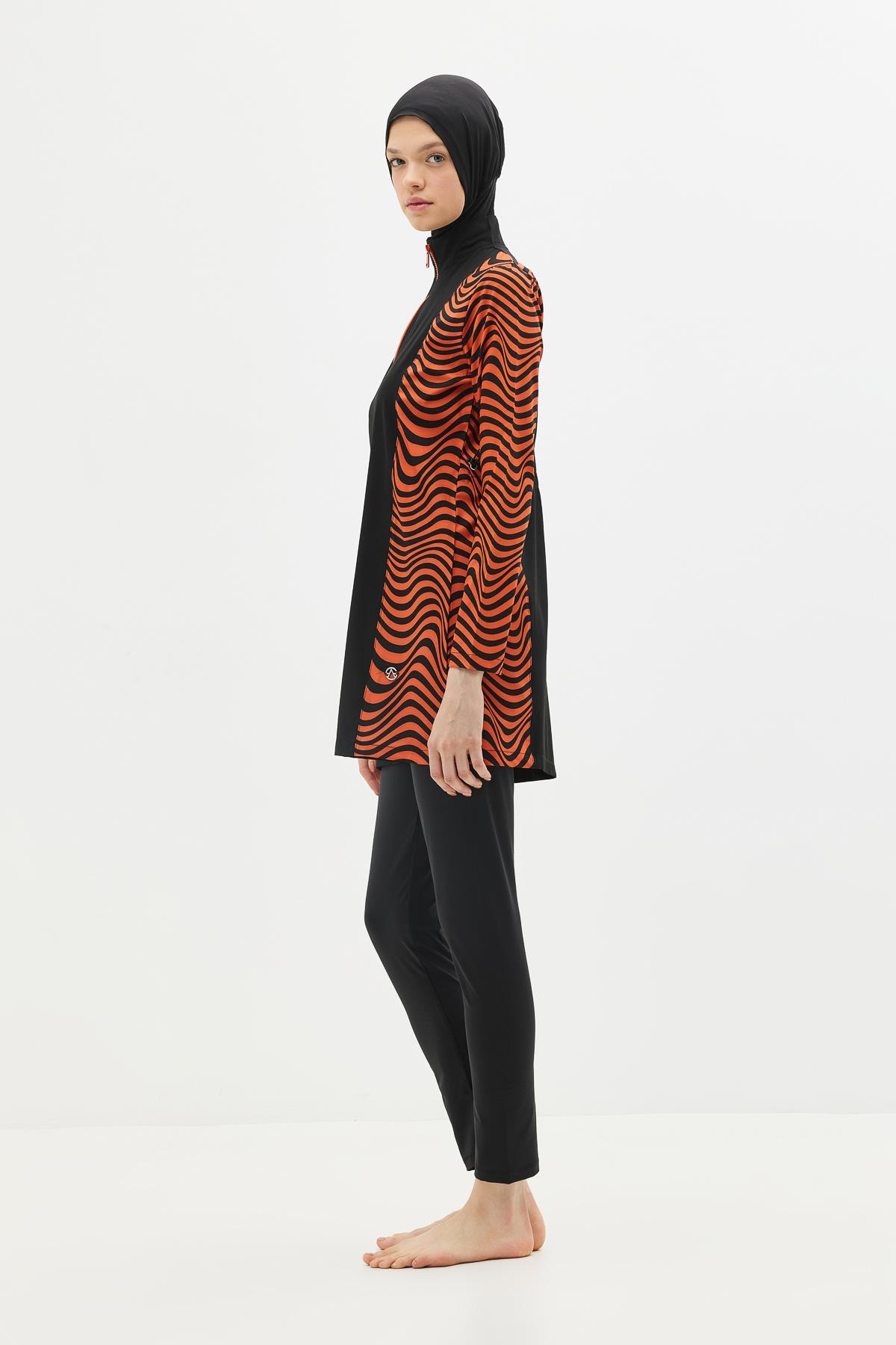 Zebra Desenli 4'lü Tesettür Mayo 6227 Kiremit/Siyah