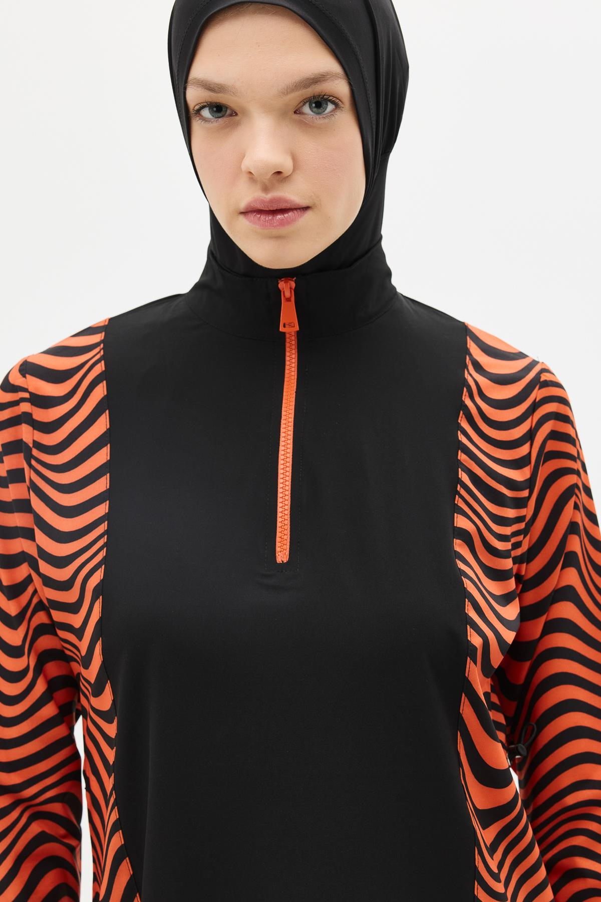 Zebra Desenli 4'lü Tesettür Mayo 6227 Kiremit/Siyah