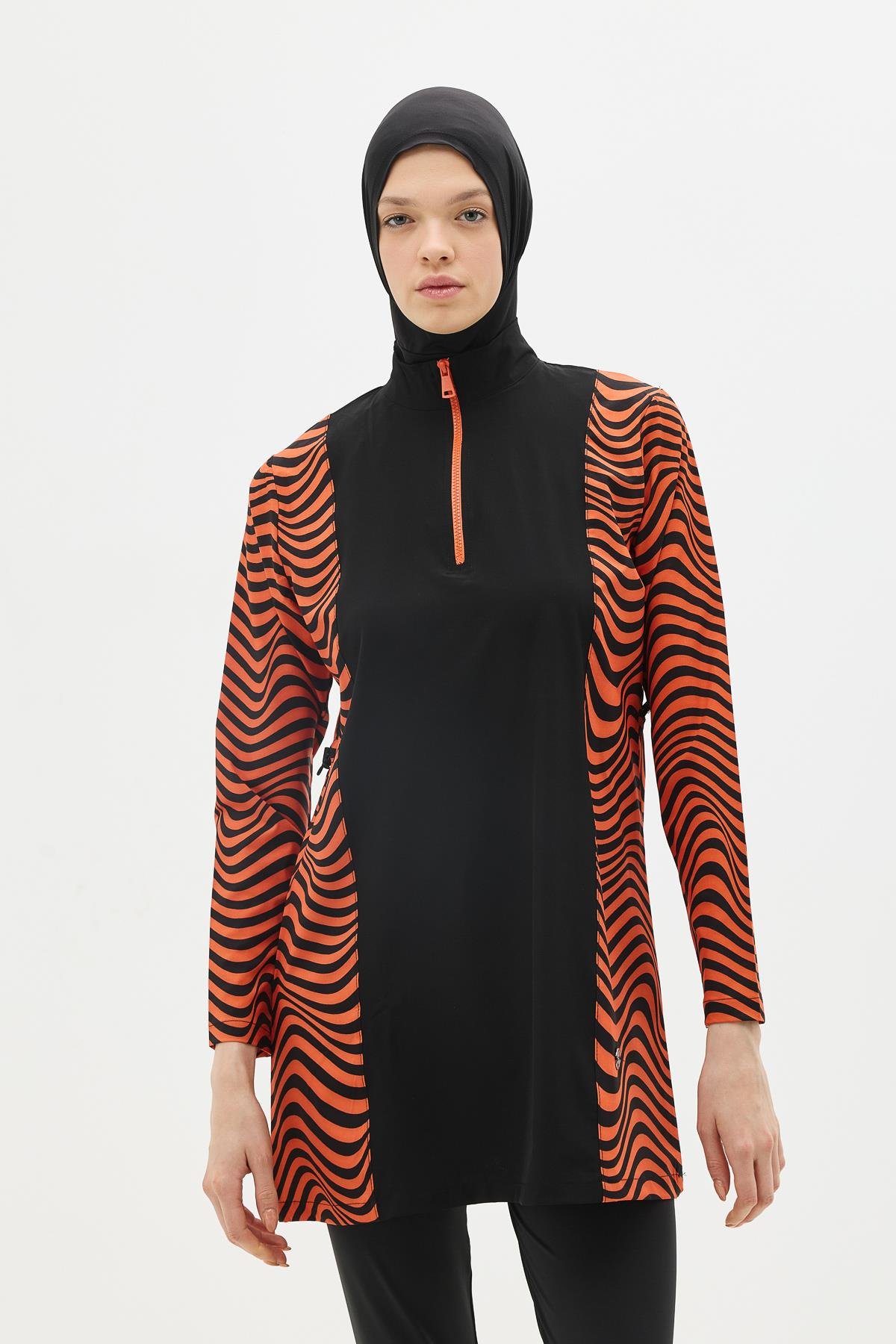 Zebra Desenli 4'lü Tesettür Mayo 6227 Kiremit/Siyah