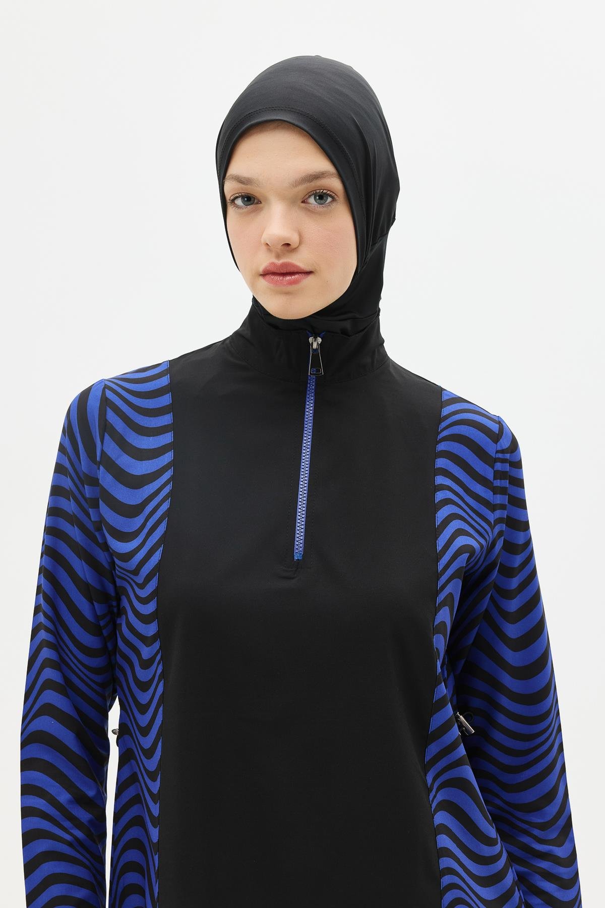 Zebra Desenli 4'lü Tesettür Mayo 6227 Siyah/Sax