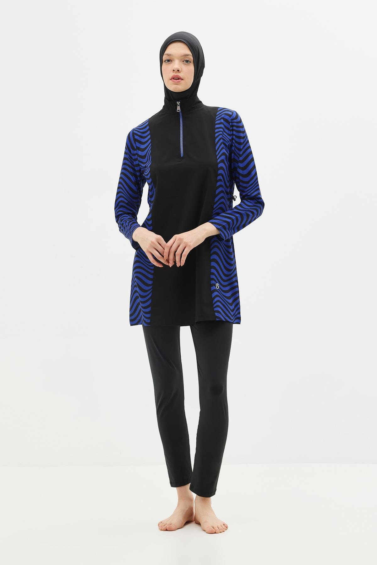 Zebra Desenli 4'lü Tesettür Mayo 6227 Siyah/Sax