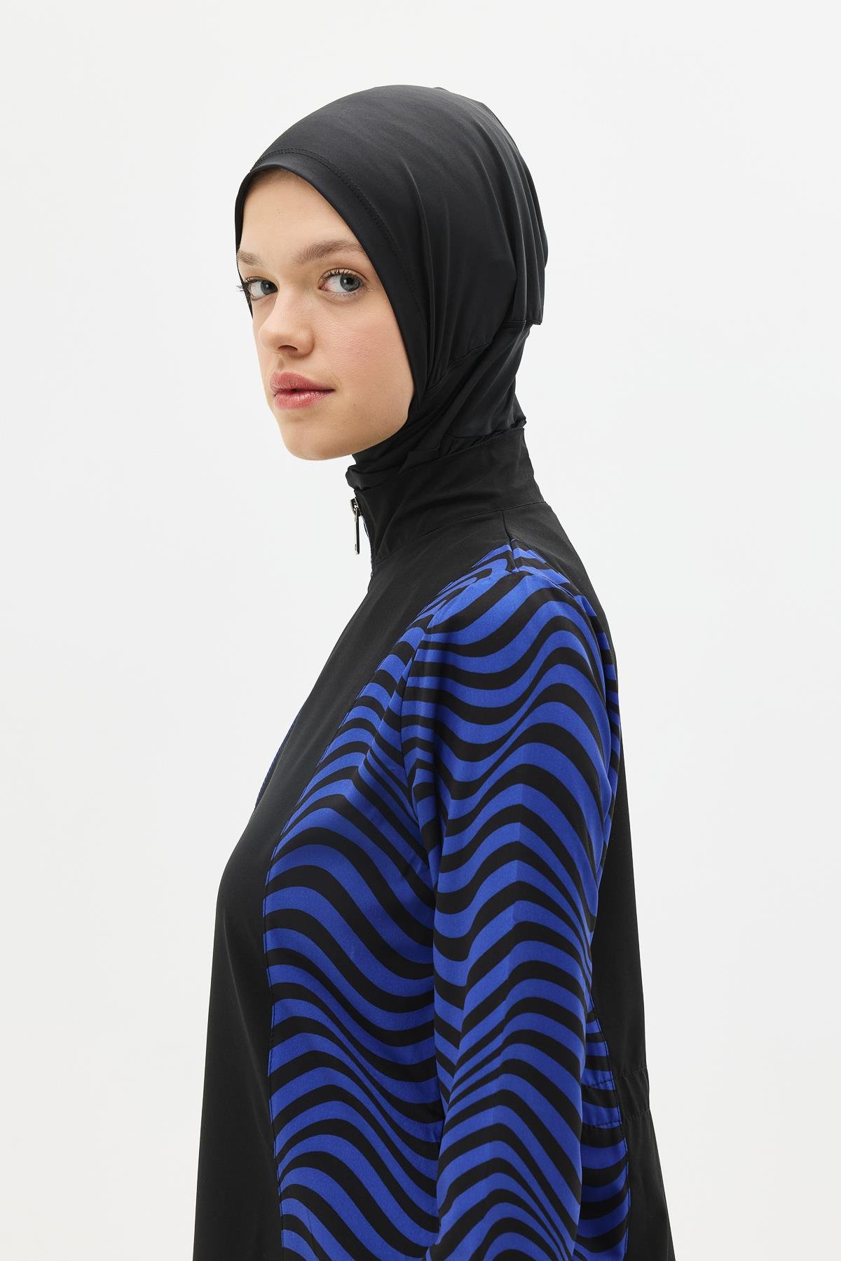 Zebra Desenli 4'lü Tesettür Mayo 6227 Siyah/Sax