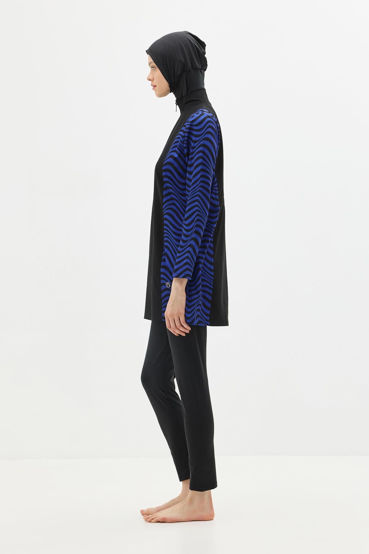 Zebra Desenli 4'lü Tesettür Mayo 6227 Siyah/Sax