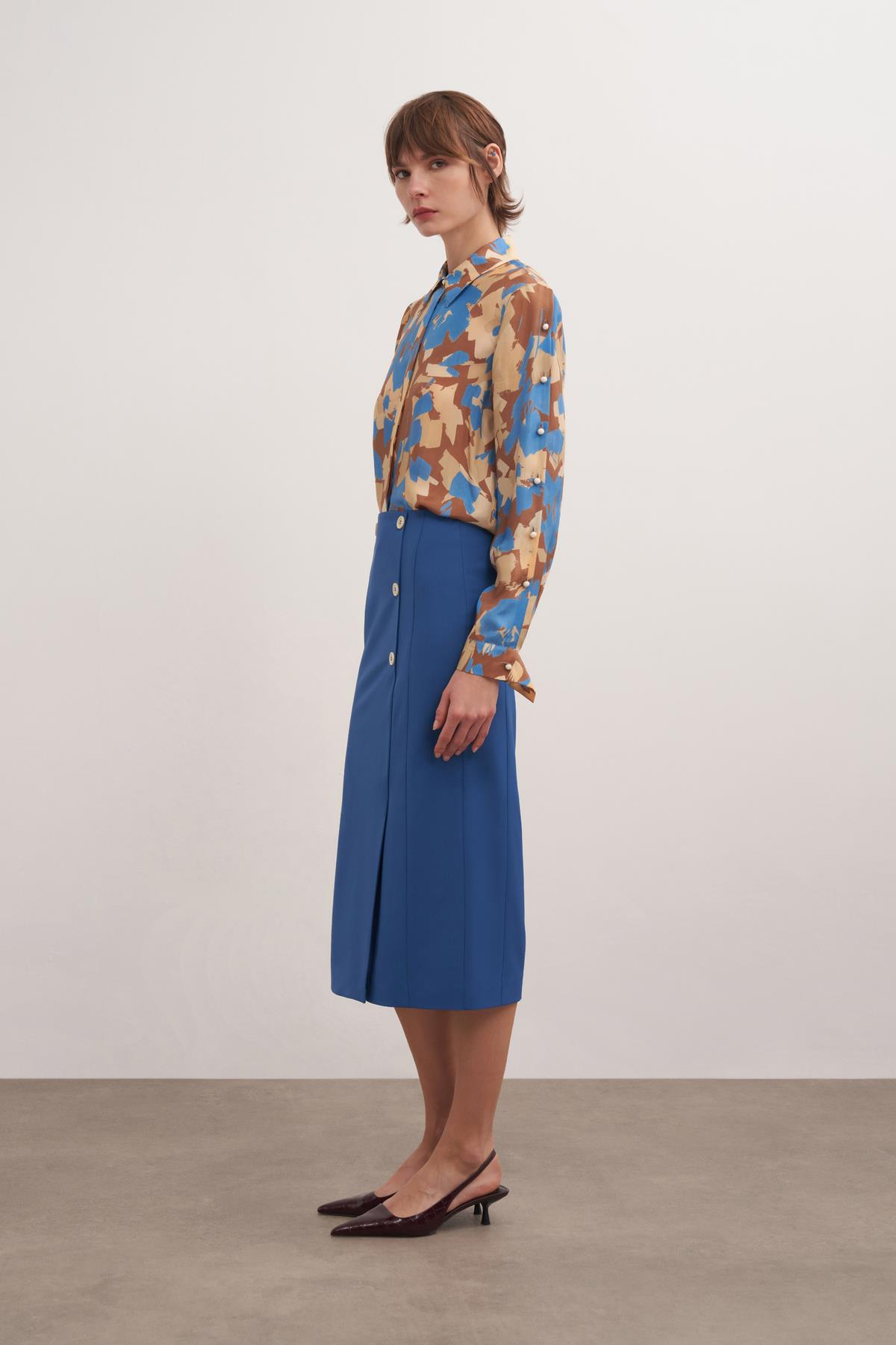 Asimetrik Düğmeli Yünlü Kalem Etek Bazalt Mavisi