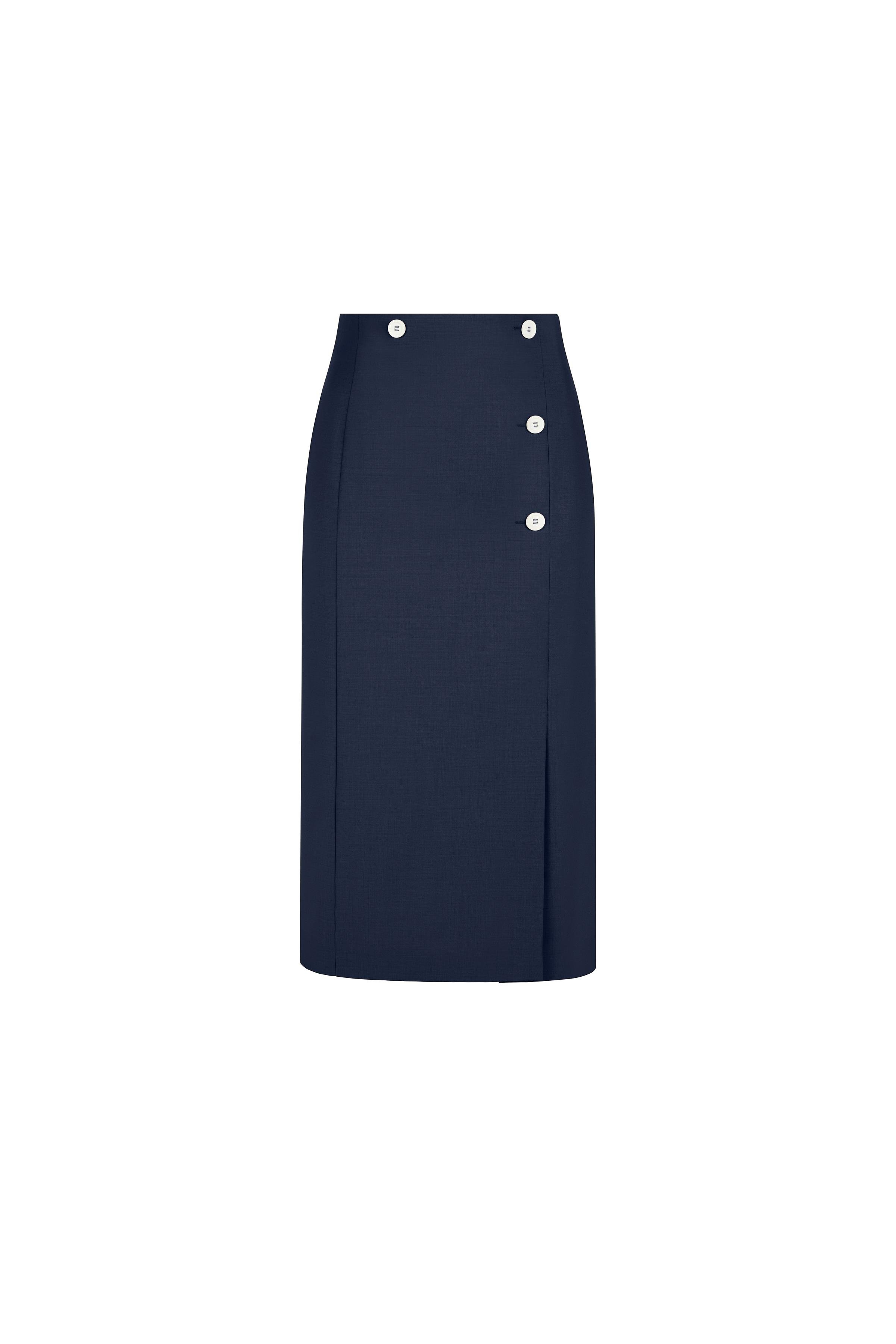 Asimetrik Düğmeli Yünlü Kalem Etek Koyu Yosun