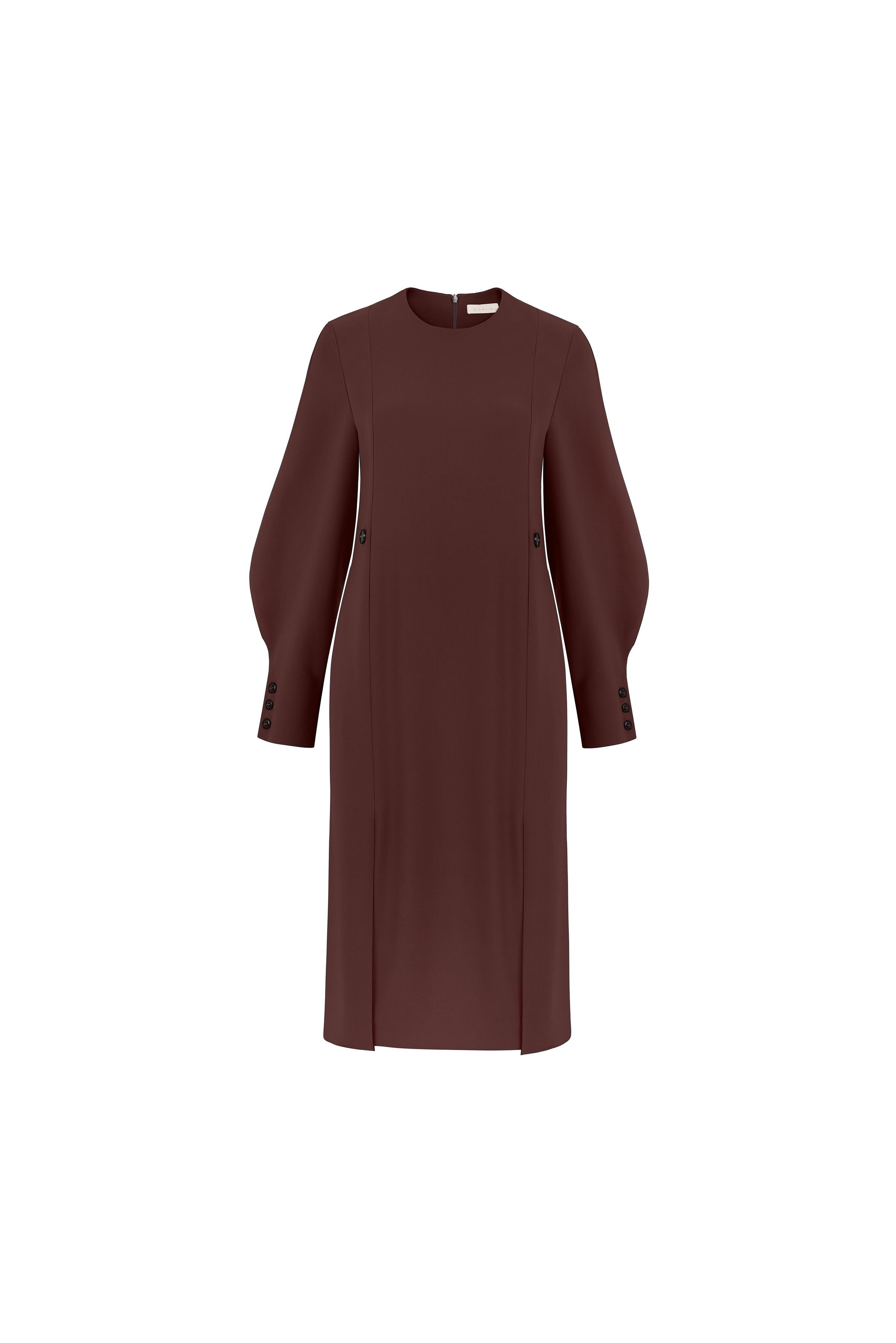 Balon Kollu Poliviskon Elbise Kahve