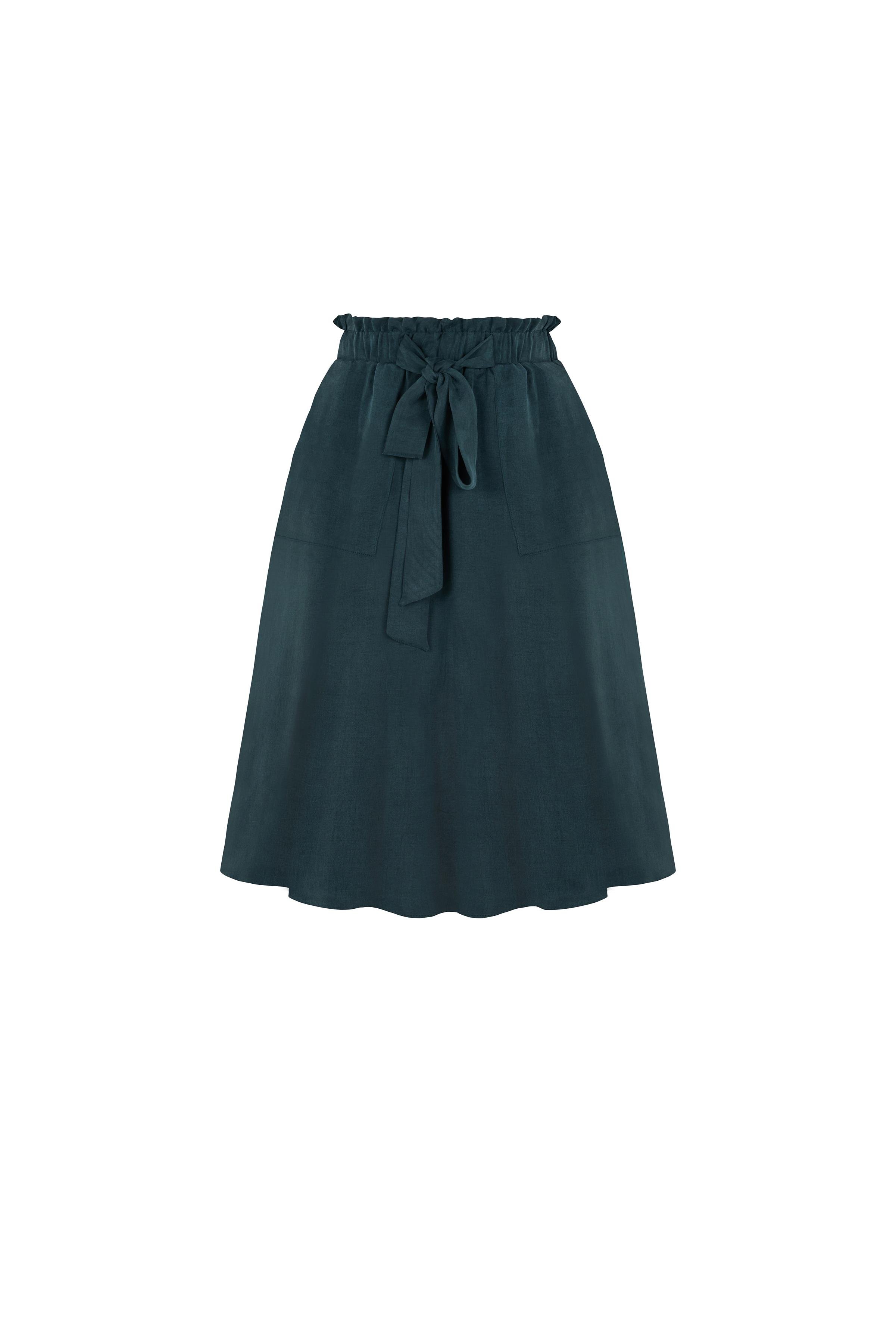 Beli Büzgülü Tencel Karışımlı Etek Koyu Orman Yeşili