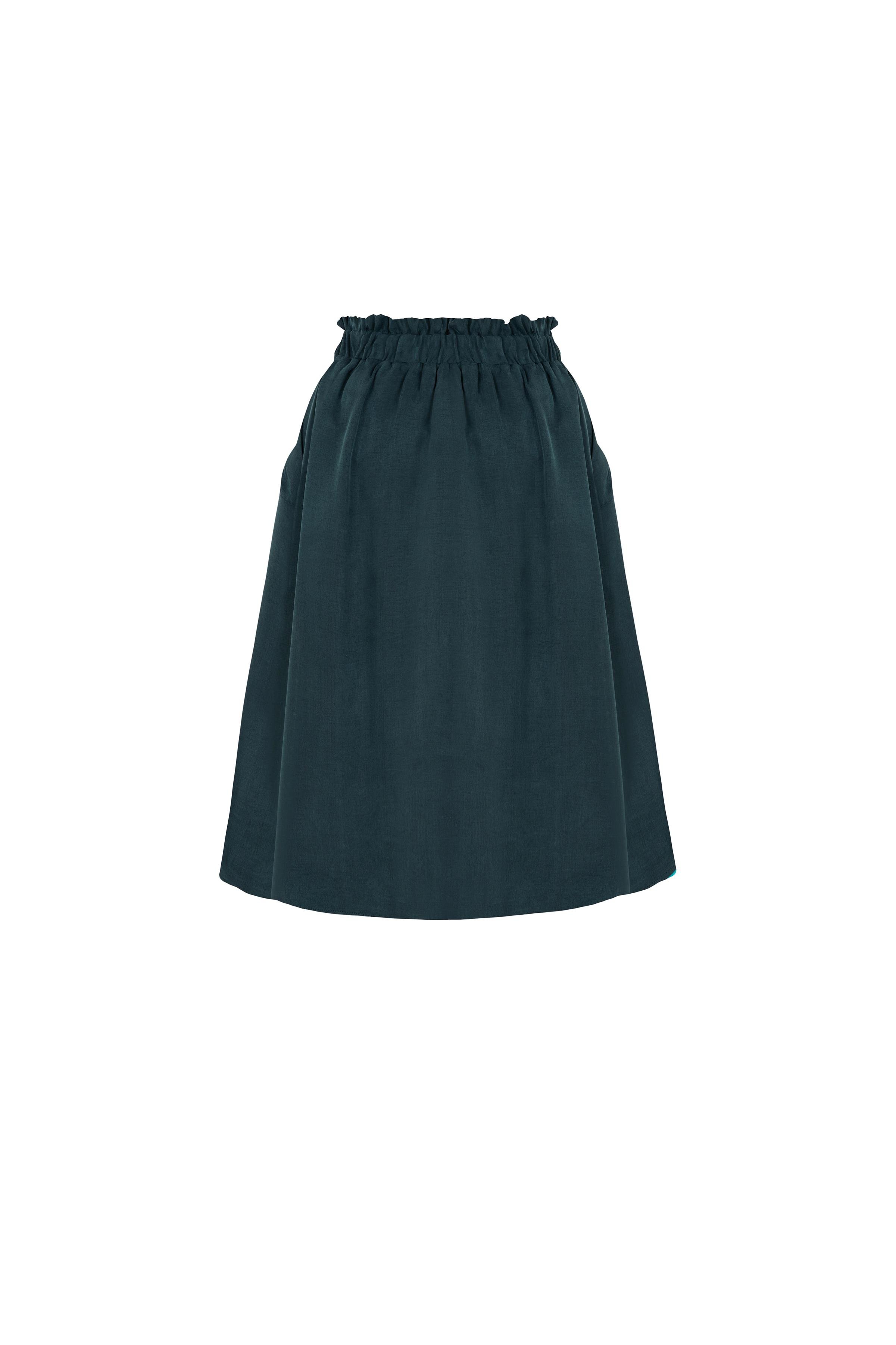 Beli Büzgülü Tencel Karışımlı Etek Koyu Orman Yeşili